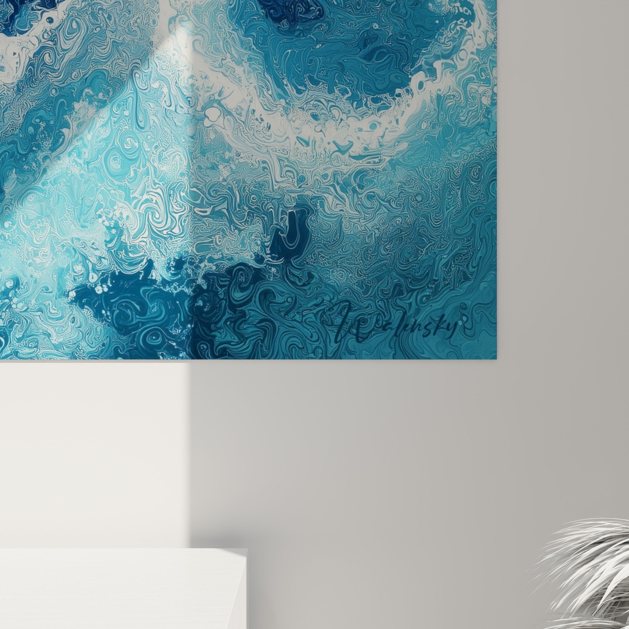 Overall view of swirling blue waves wall art interior decoration contemporary marine style