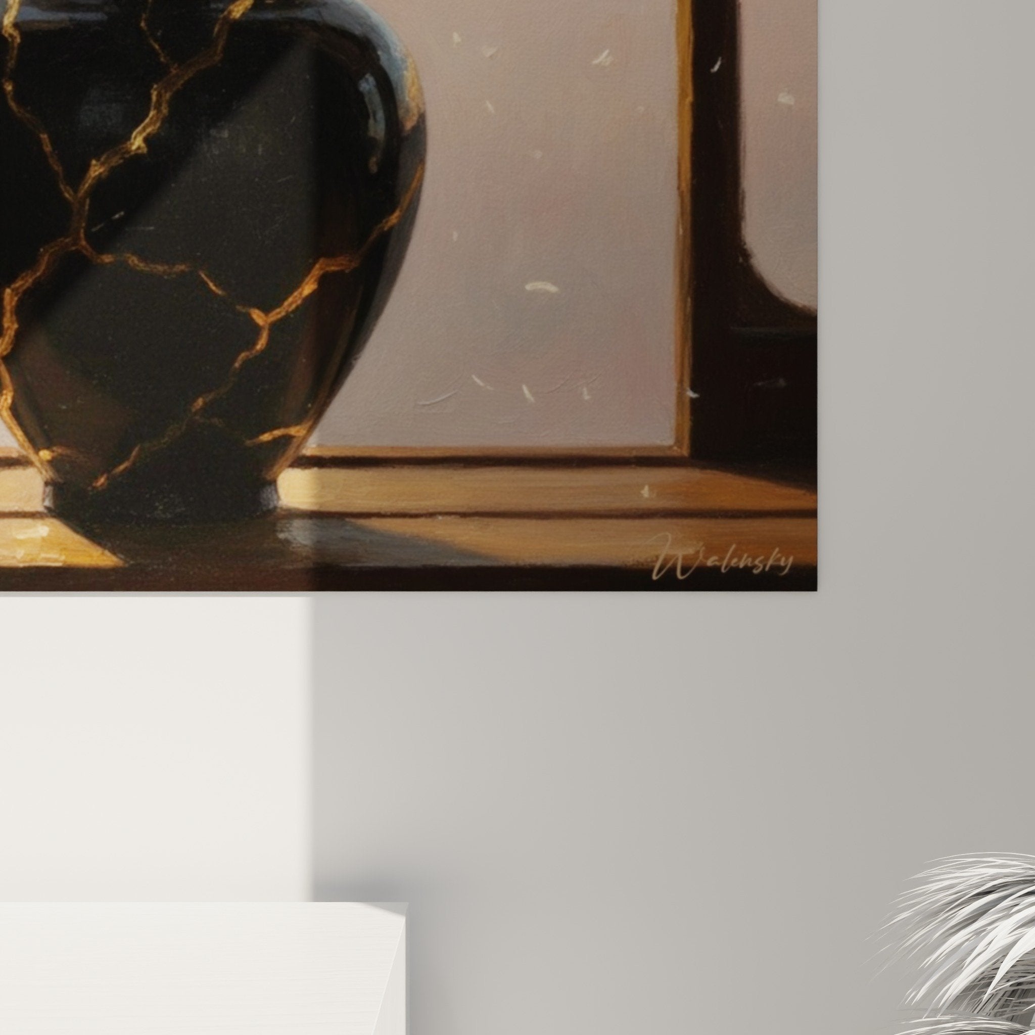 Overall view kintsugi vase artwork black gold soft light zen atmosphere