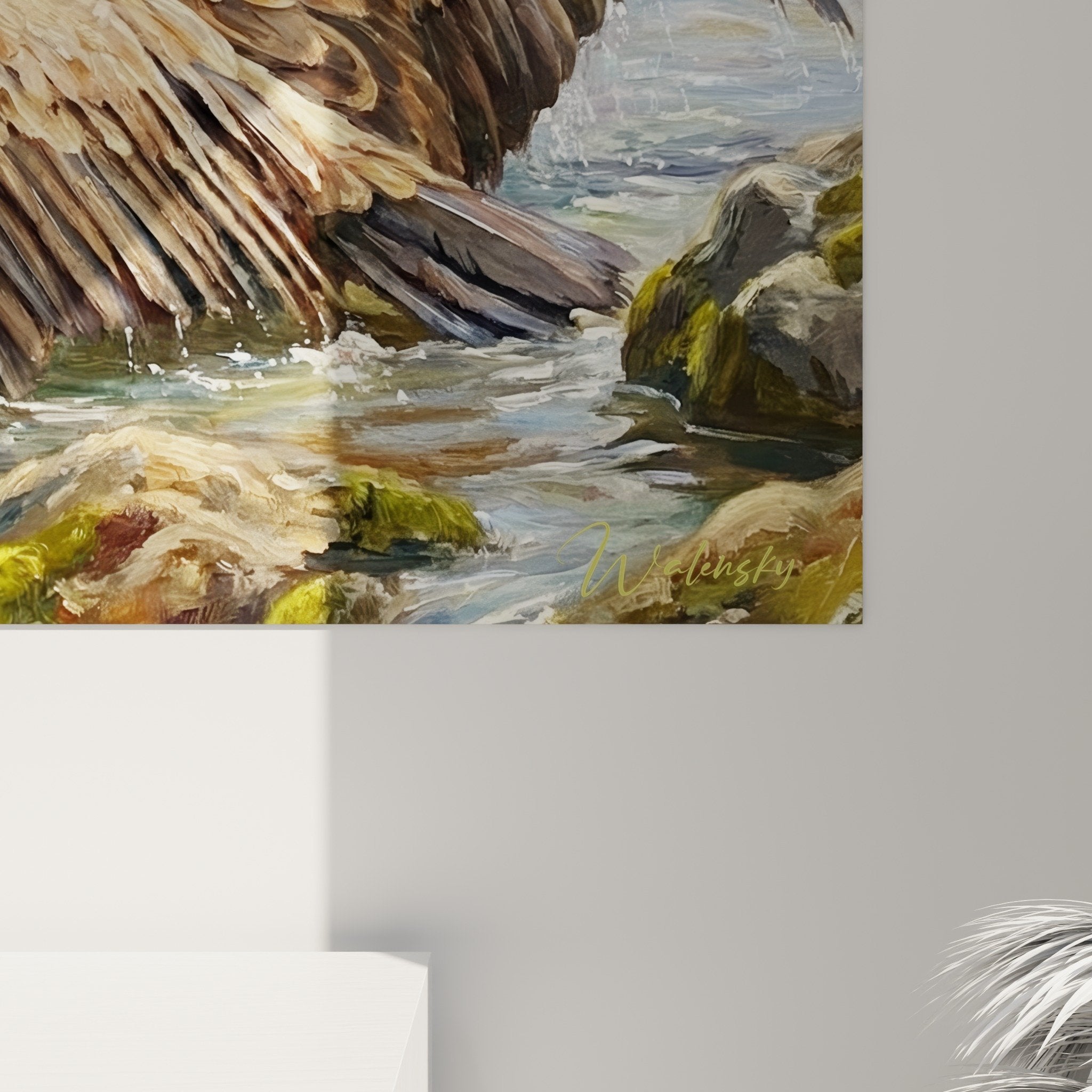 Overall view painting swift vultures crystal clear water mossy rocks nature