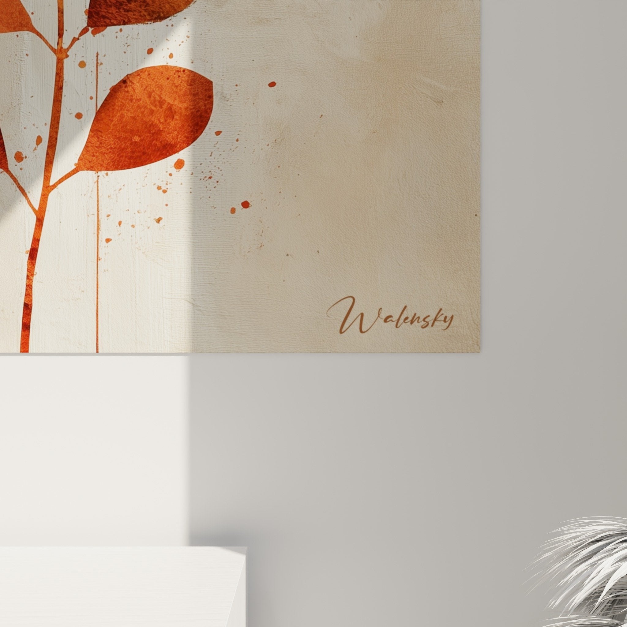 Gesamtansicht Wandbild Pflanzenzweig kupferfarben orangefarbener Kreis Wanddekoration Feng Shui Erdmitte