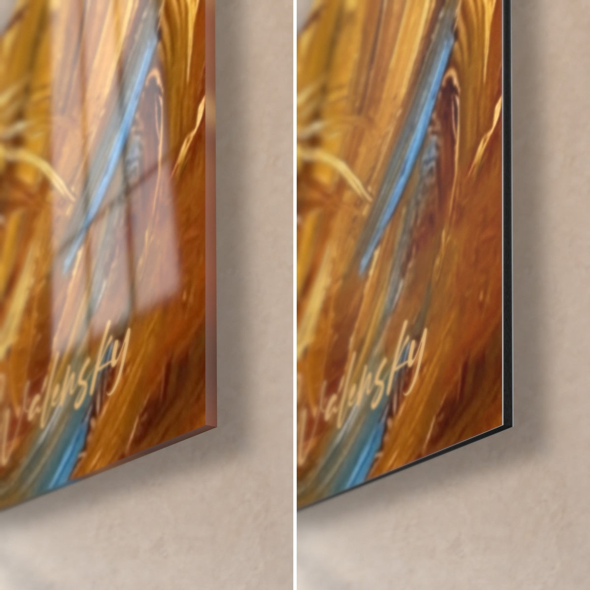 Gemälde eines lancierten rotbraunen Windhunds, untere rechte Ecke mit blau-orangen Linien, glänzendes Acrylglas links, mattes Dibond rechts, 3 mm Stärke