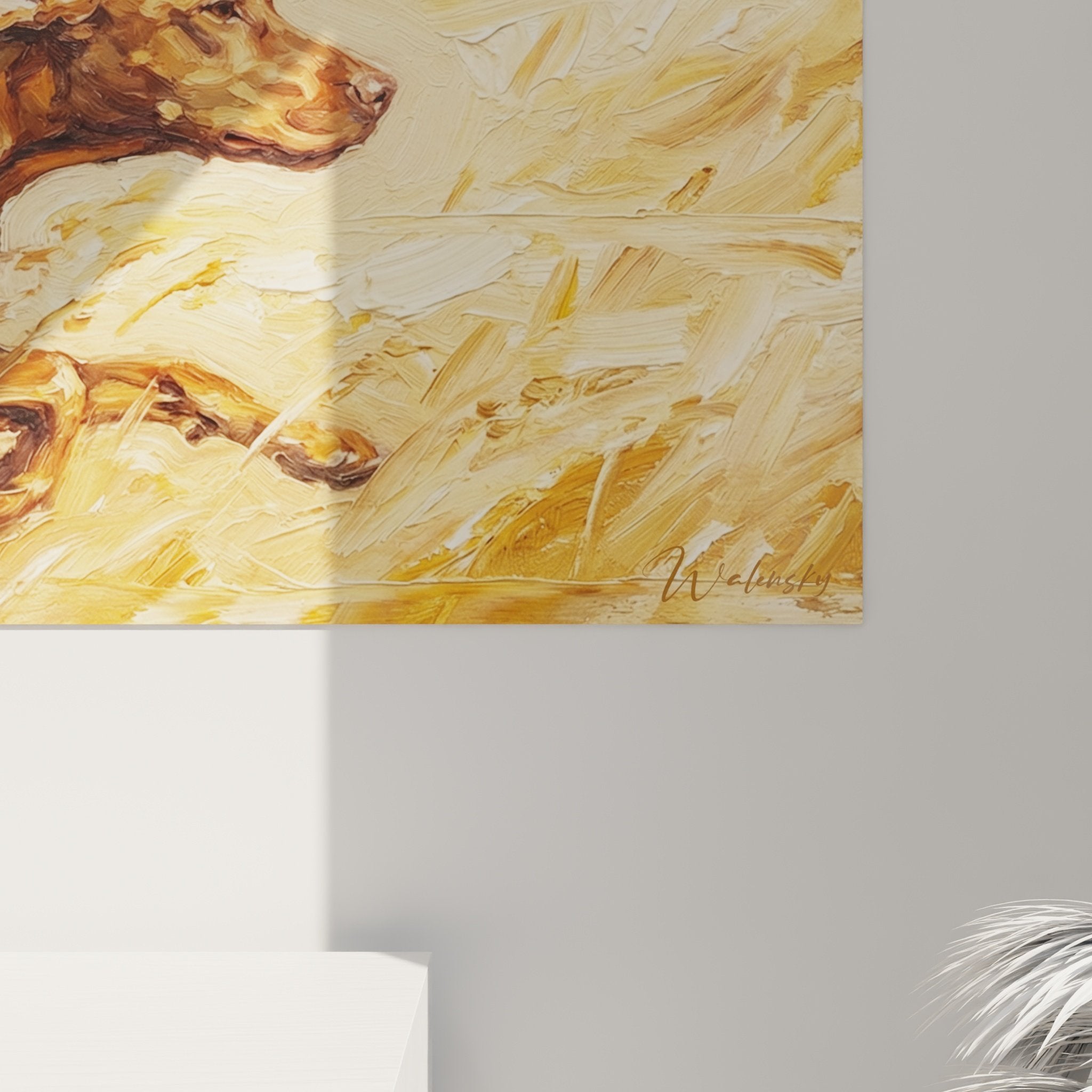 Vue ensemble tableau Vizsla format horizontal decoration interieur salon tons chauds naturels