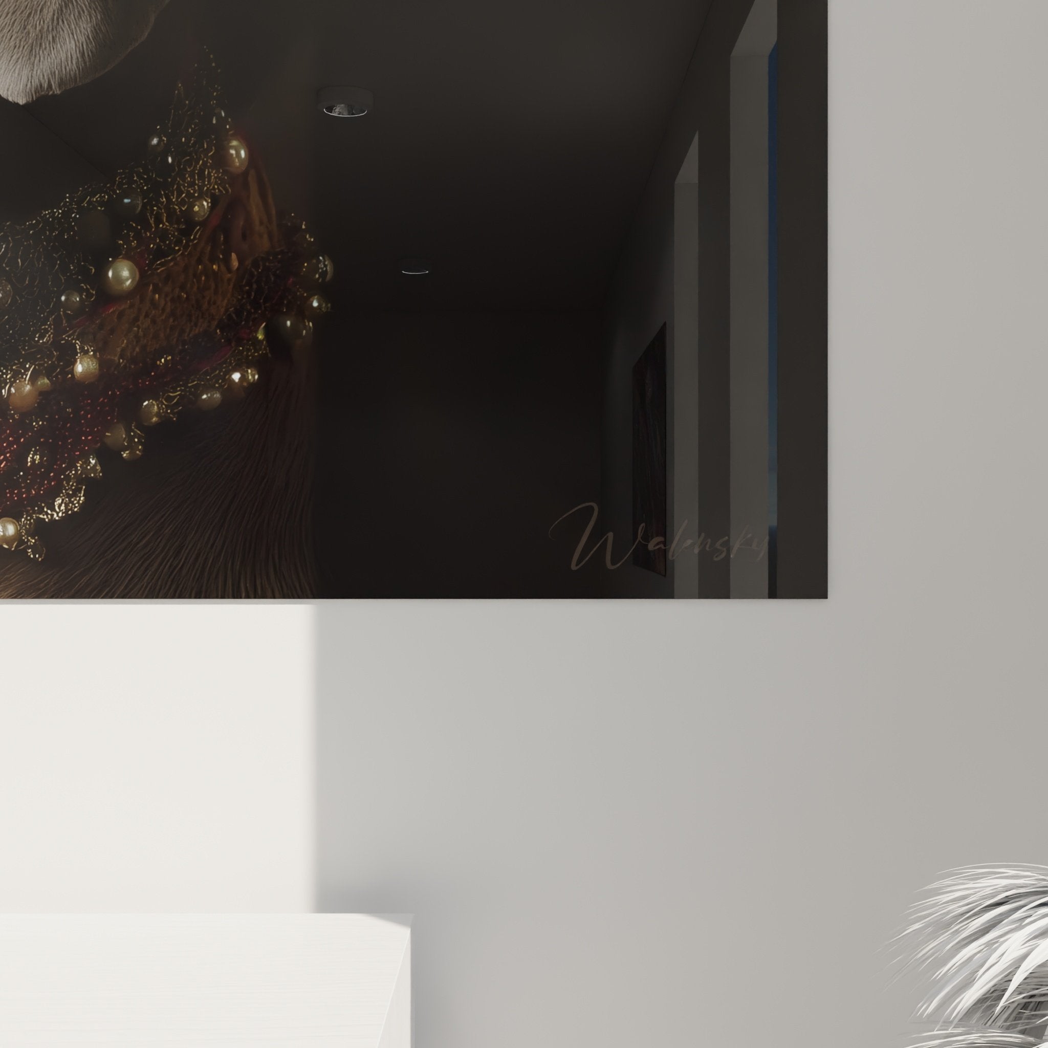 Vue ensemble tableau portrait weimaraner artistique decoration murale chien gris fleur rose