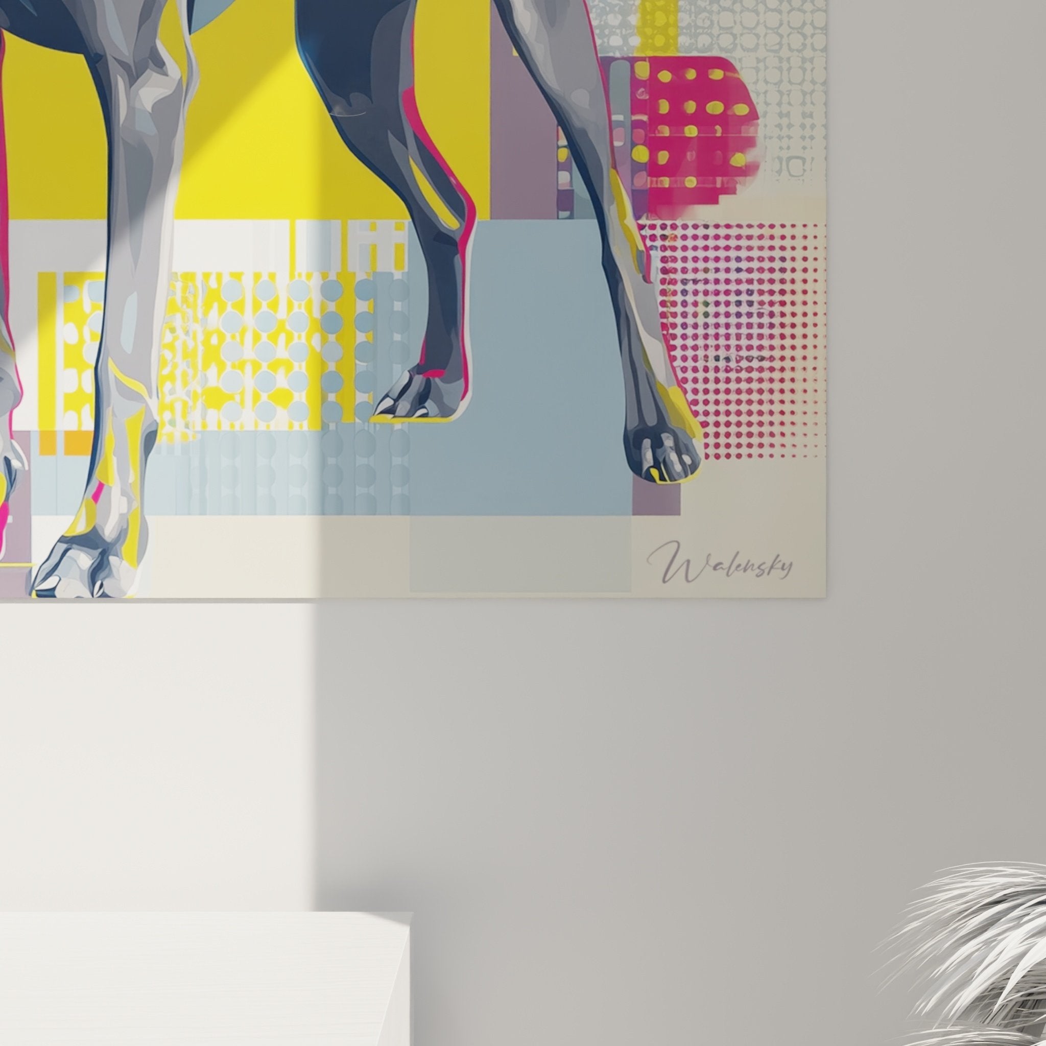 Vue ensemble tableau Weimaraner geometrique couleurs vives decoration interieur moderne art animalier