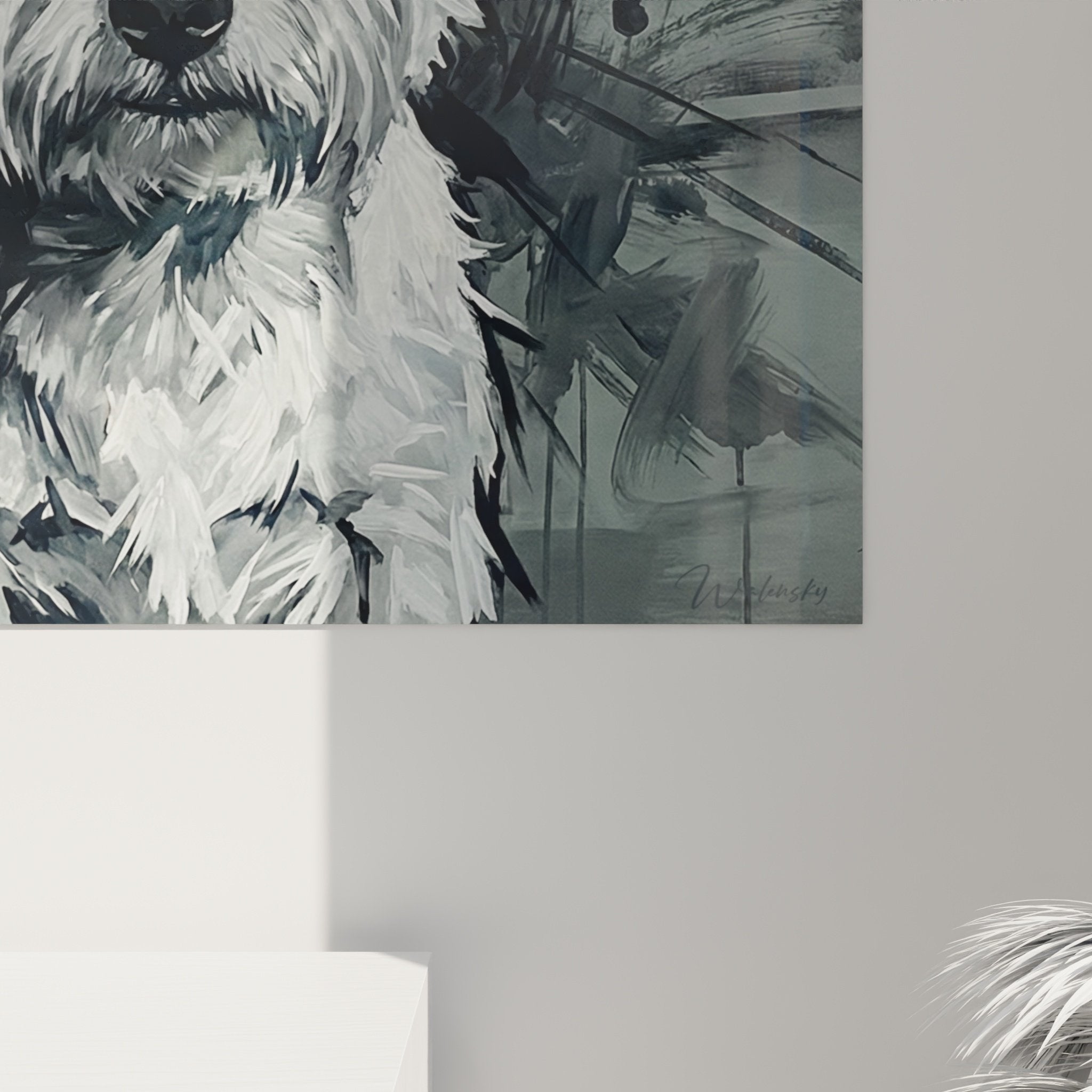 Vue ensemble tableau West Highland White Terrier style contemporain traits dynamiques composition moderne