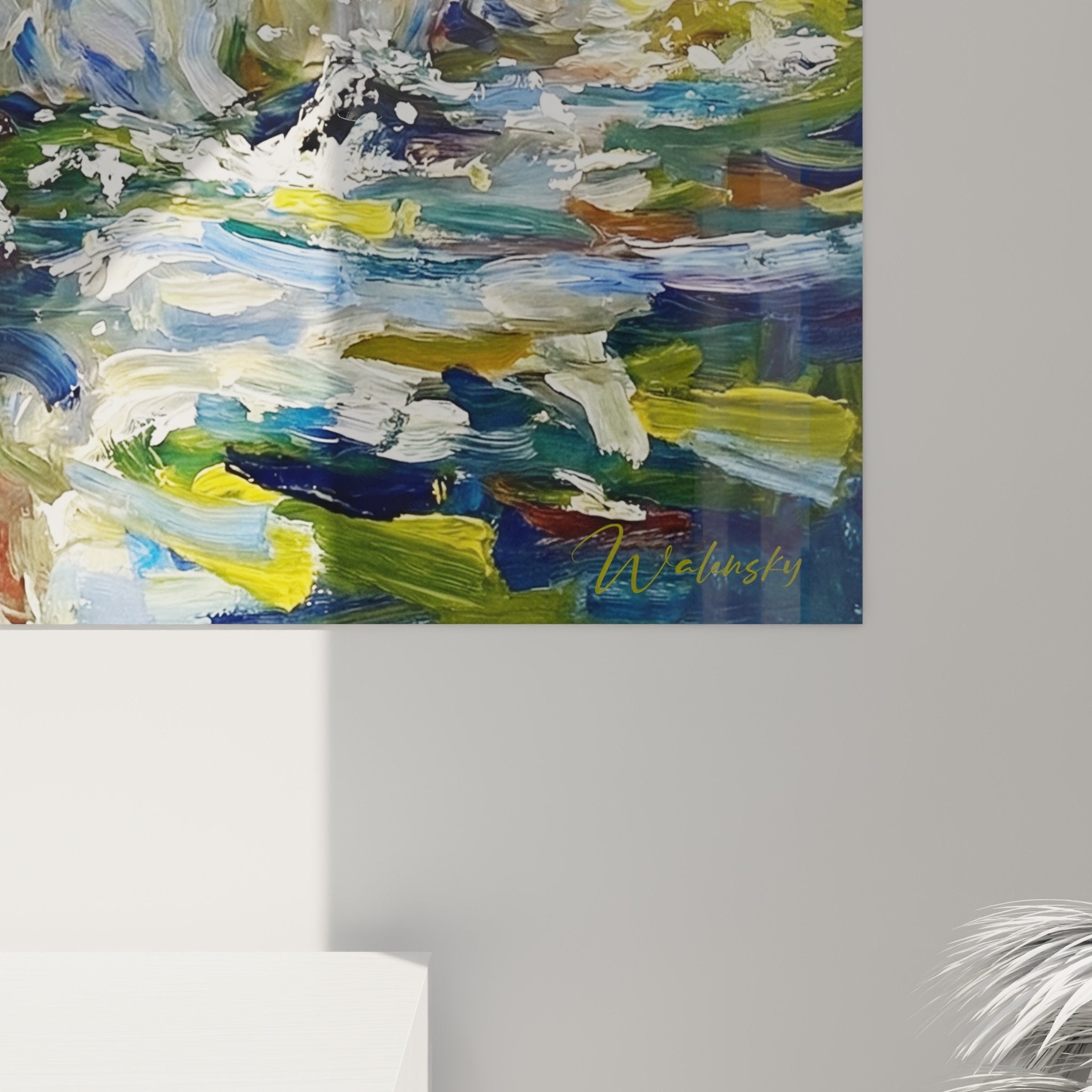 Gesamtansicht Gemälde Westie Enten Wanddekoration Innenraum weißer Wand Hundekunst aquatische Szene