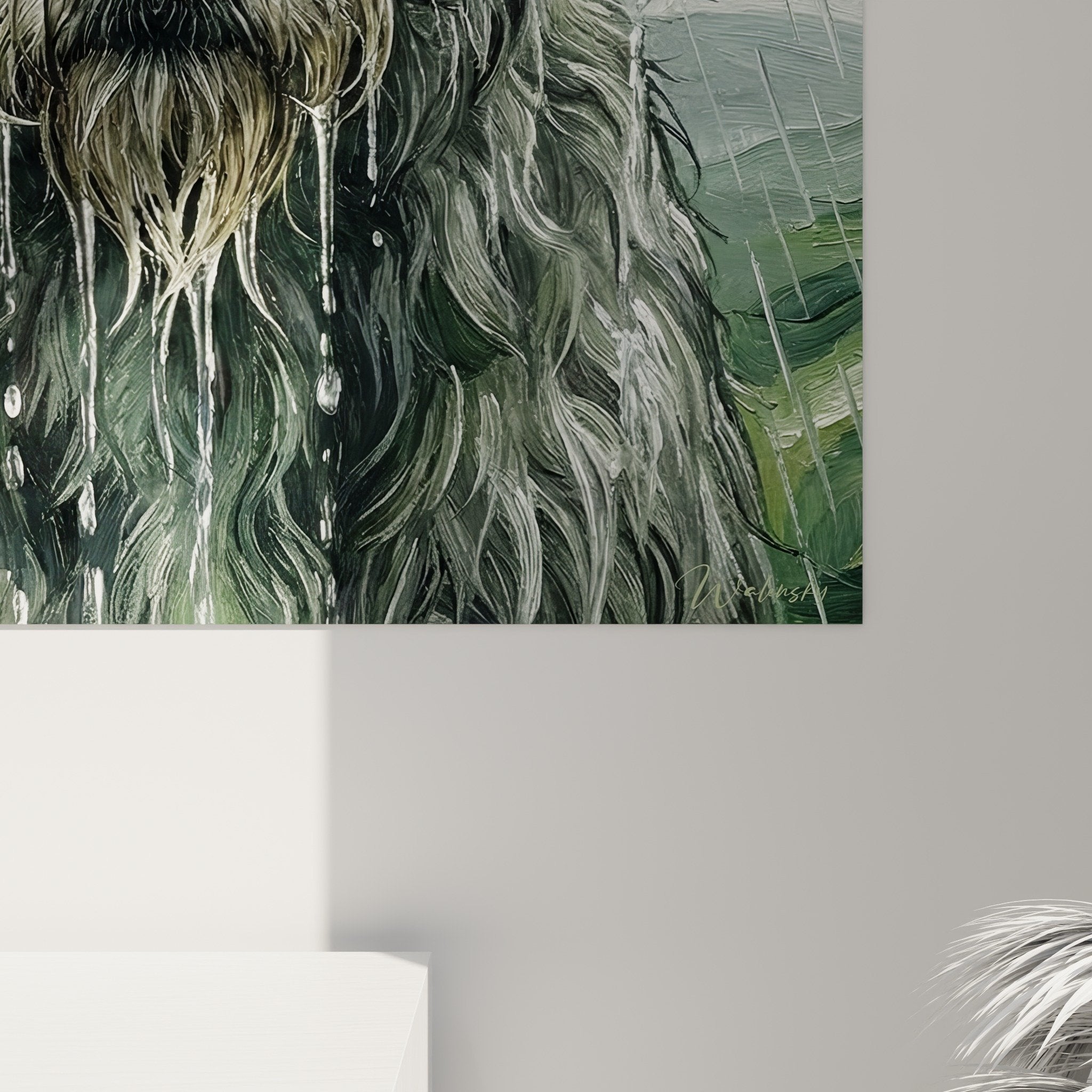 Gesamtansicht Gemälde Irish Wolfhound bei Regenwetter, melancholische Atmosphäre, Hundewandkunst