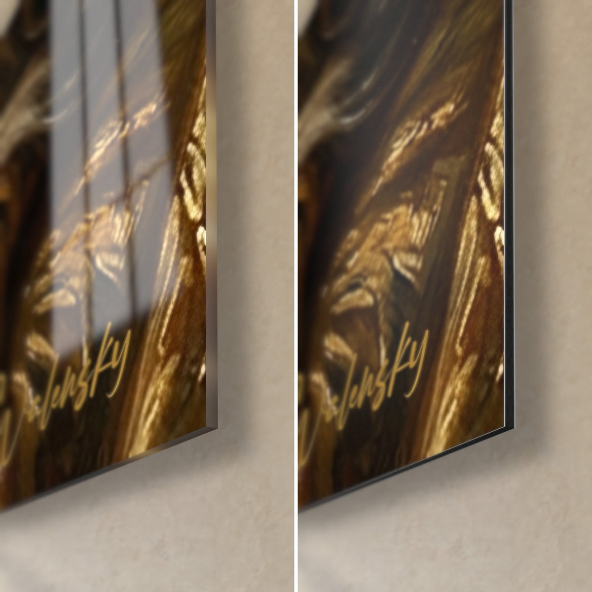 Gemälde Hundeporträt auf braunem und goldenem Grund: glänzendes Acrylglas-Eck links, matter Dibond-Alu rechts, 3 mm Kante