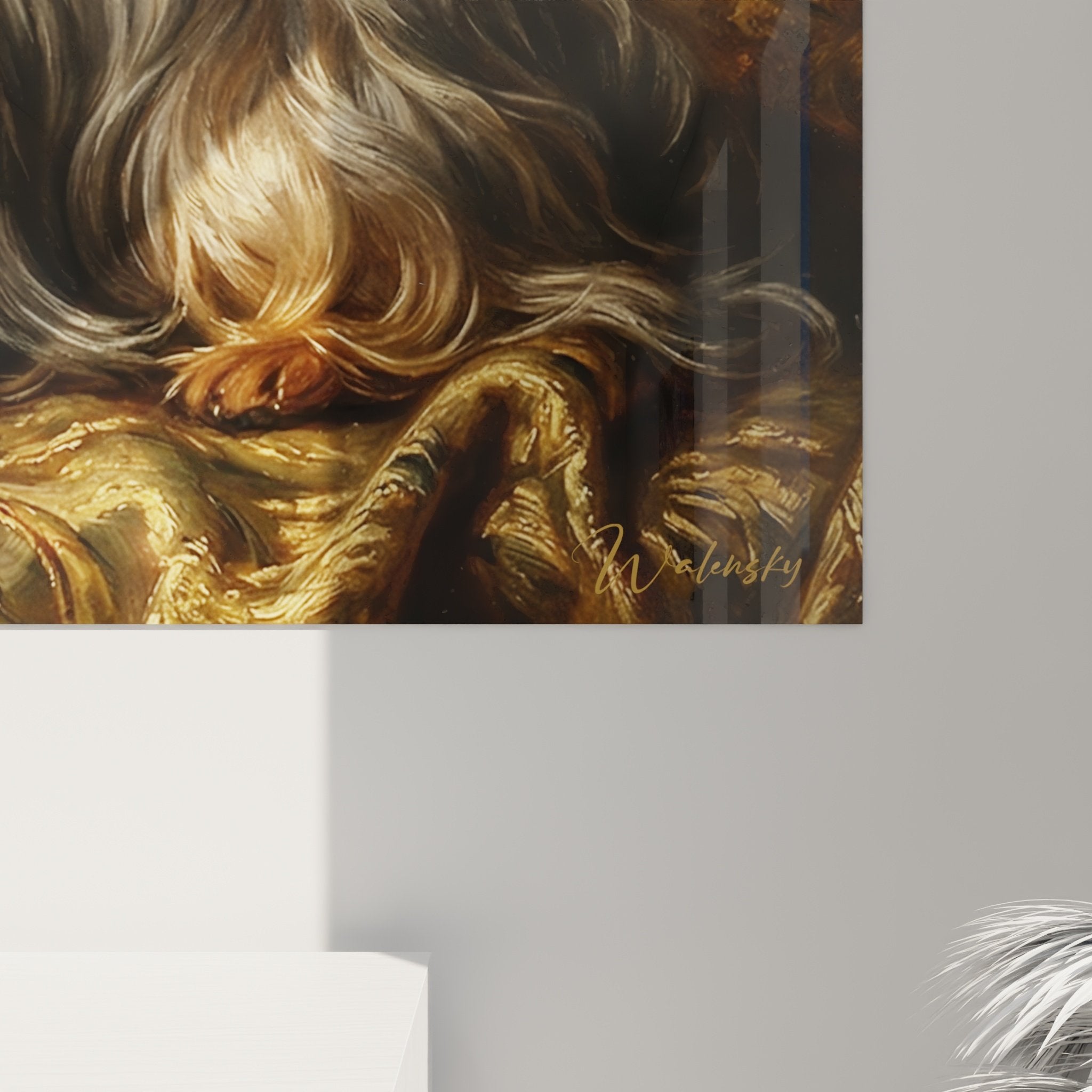 Vue ensemble tableau Yorkshire Terrier doré coussin brodé composition artistique chien élégant décoration