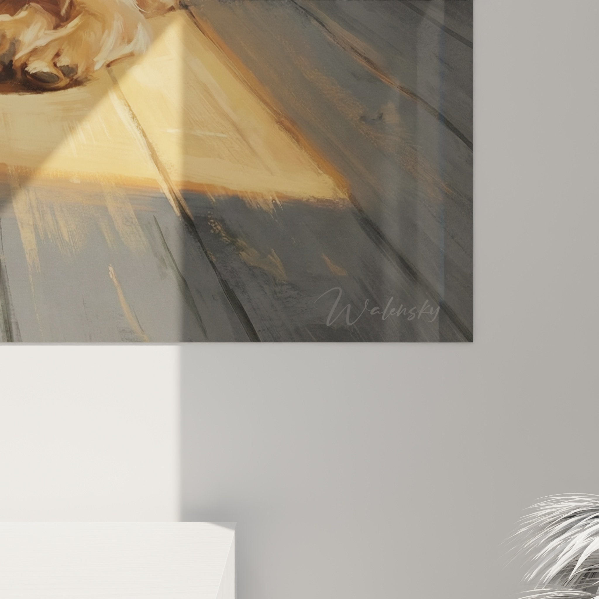 Vue ensemble tableau Yorkshire endormi soleil decoration murale art animalier contemporain