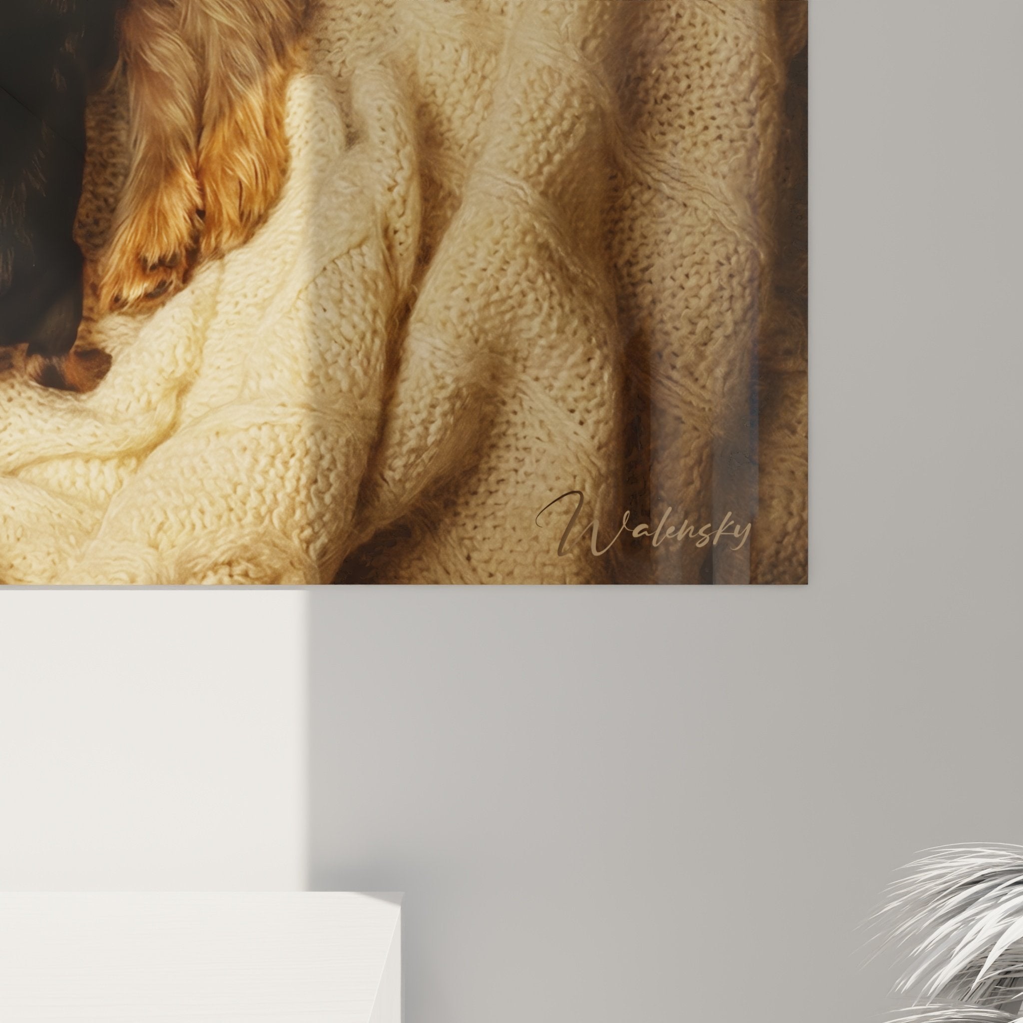 Vue ensemble tableau yorkshire famille chiots composition crème beige decoration interieur chaleureux moderne