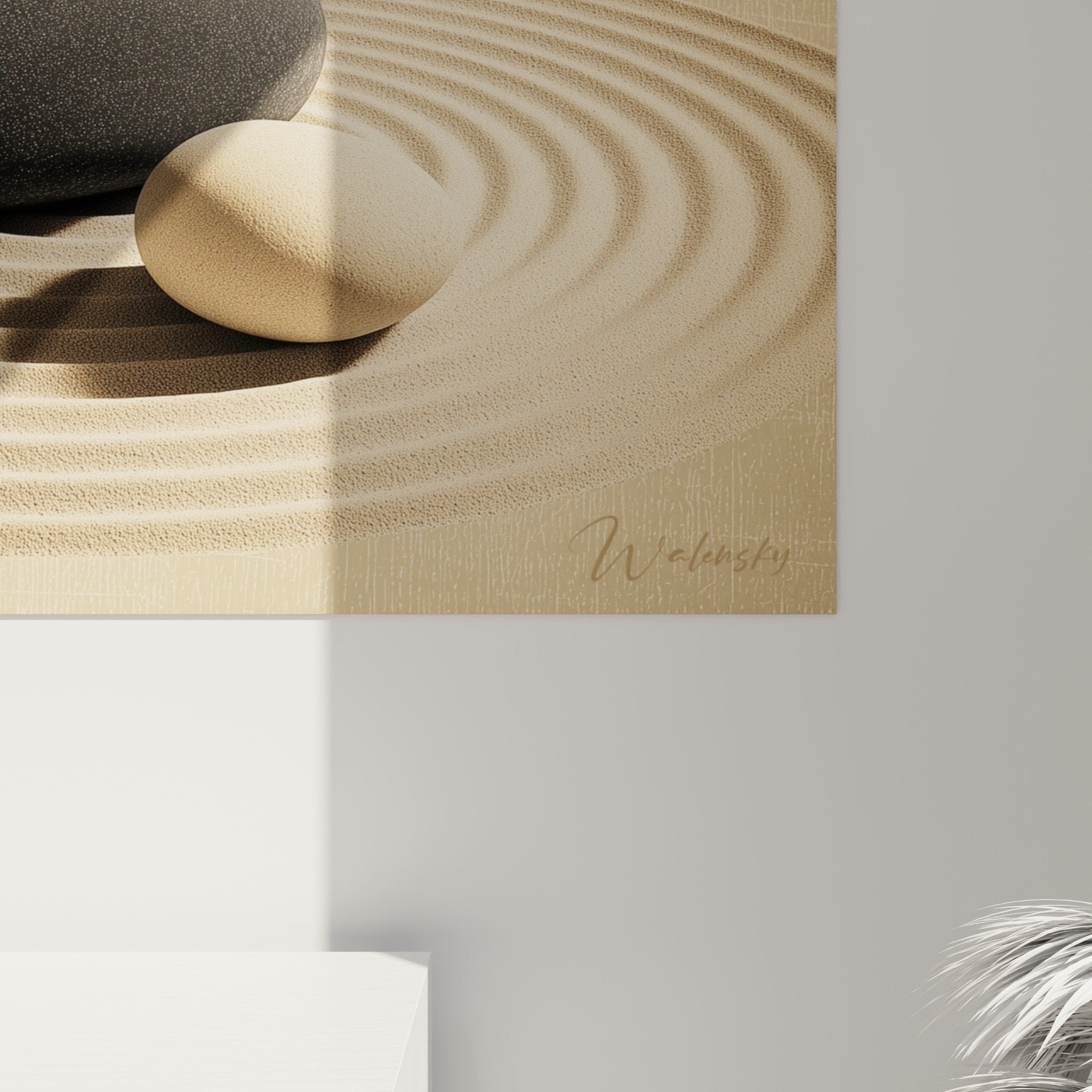 Vue ensemble tableau zen galets sable cercles verts beiges composition harmonieuse decoration murale moderne