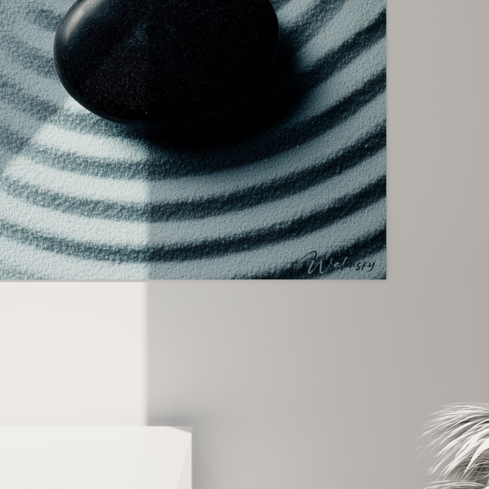 Overall view zen meditation painting yin yang stone raked sand wall decoration