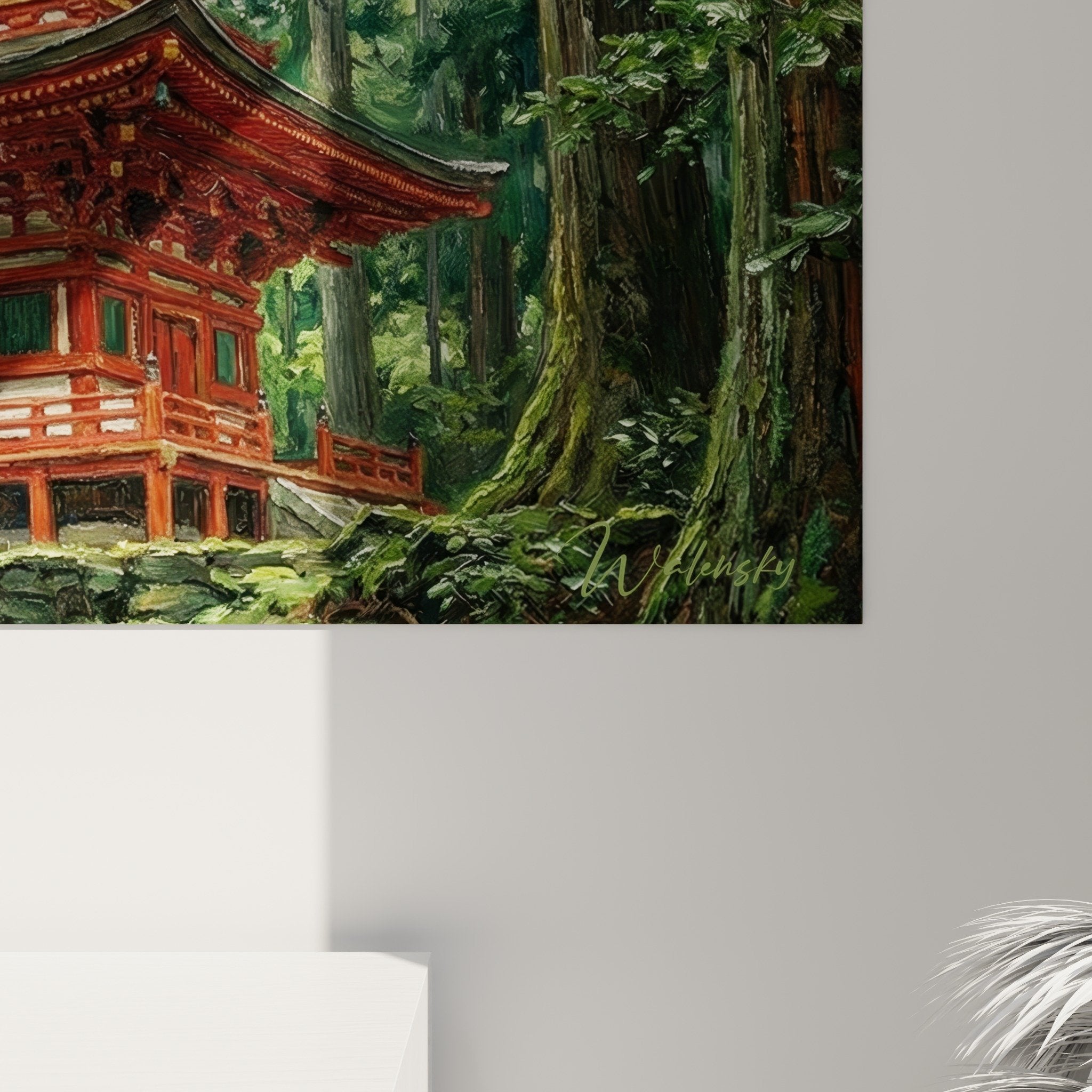 Vue ensemble temple bouddhiste écarlate entouré cèdres millénaires mousse rochers lumière mystique