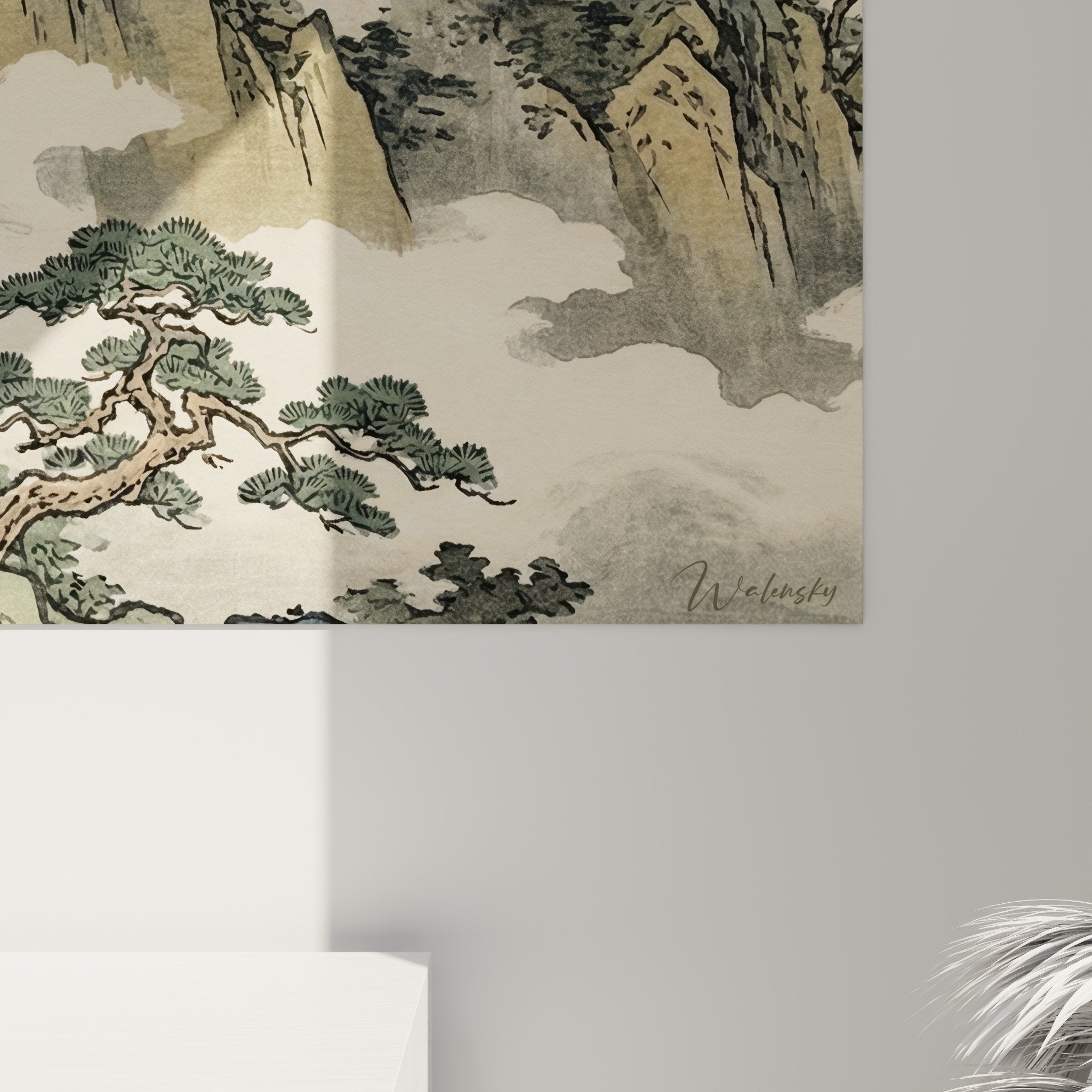 Vue ensemble temple bouddhiste montagne nuageuse tons poudrés décoration murale zen