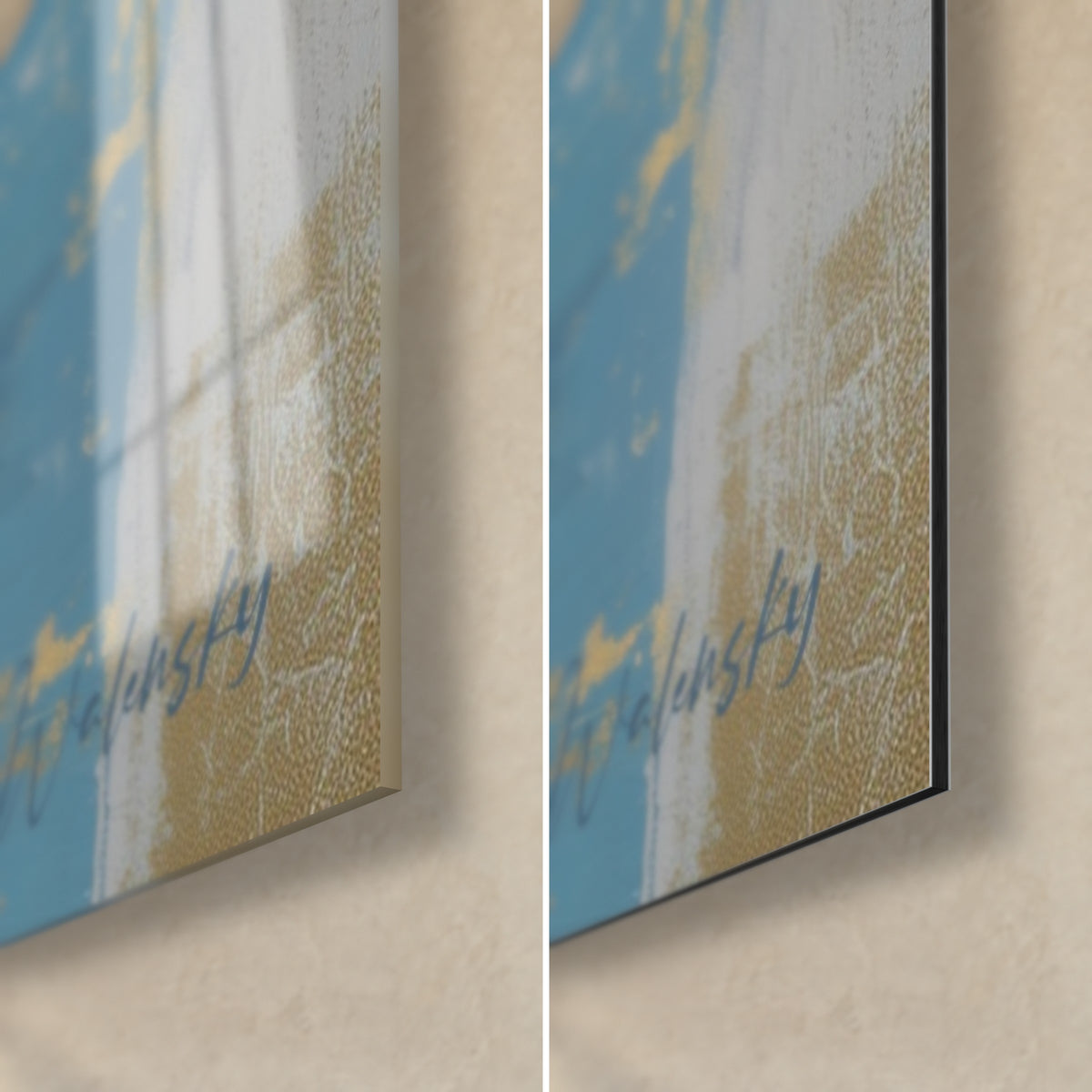 Wall art of a aquatic big cat, bottom right corner: glossy blue and gold acrylic glass on the left, matte Dibond aluminium on the right, 3 mm edge