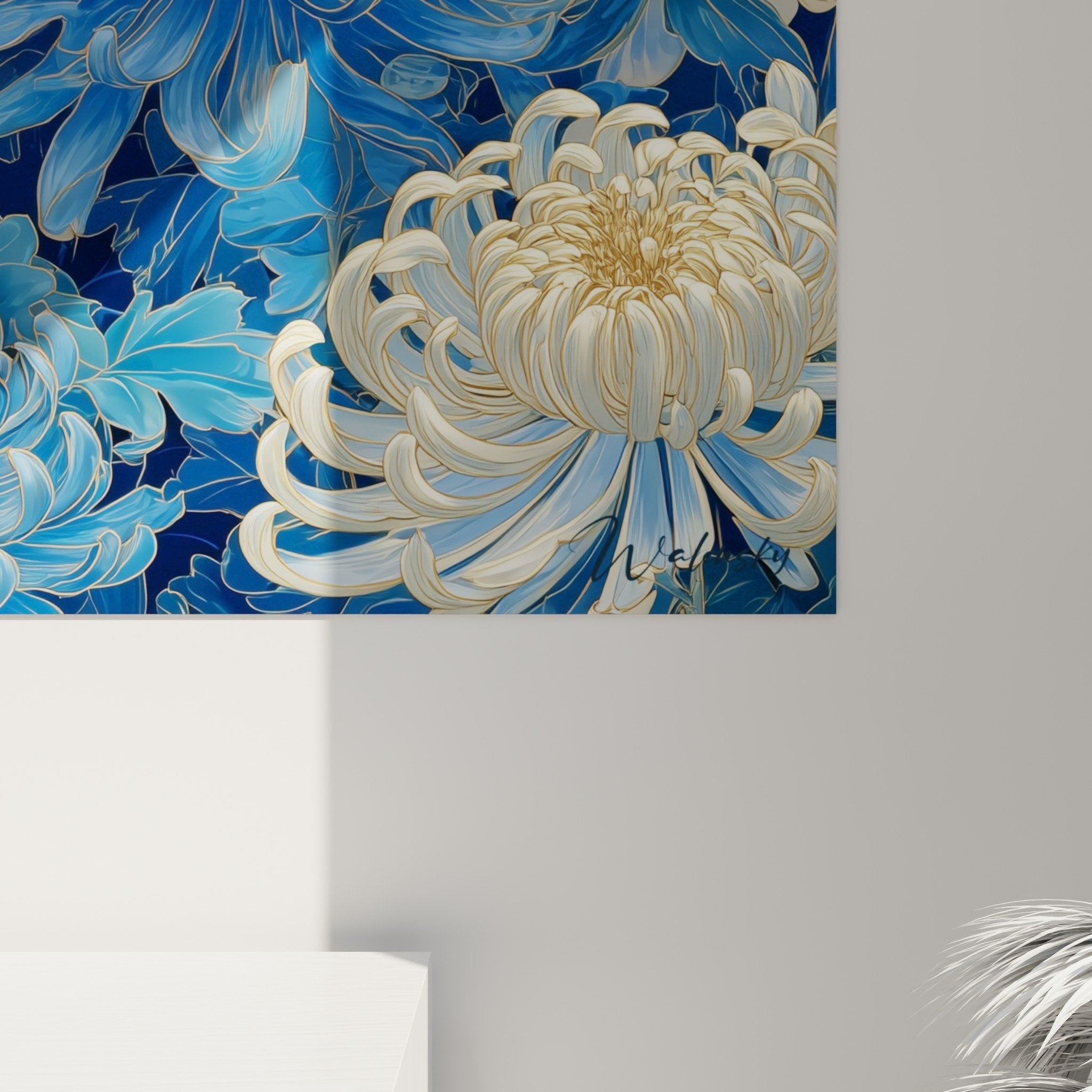 Gesamtansicht Tigerbild weiß blaue Blumen Wandkunst moderne Inneneinrichtung