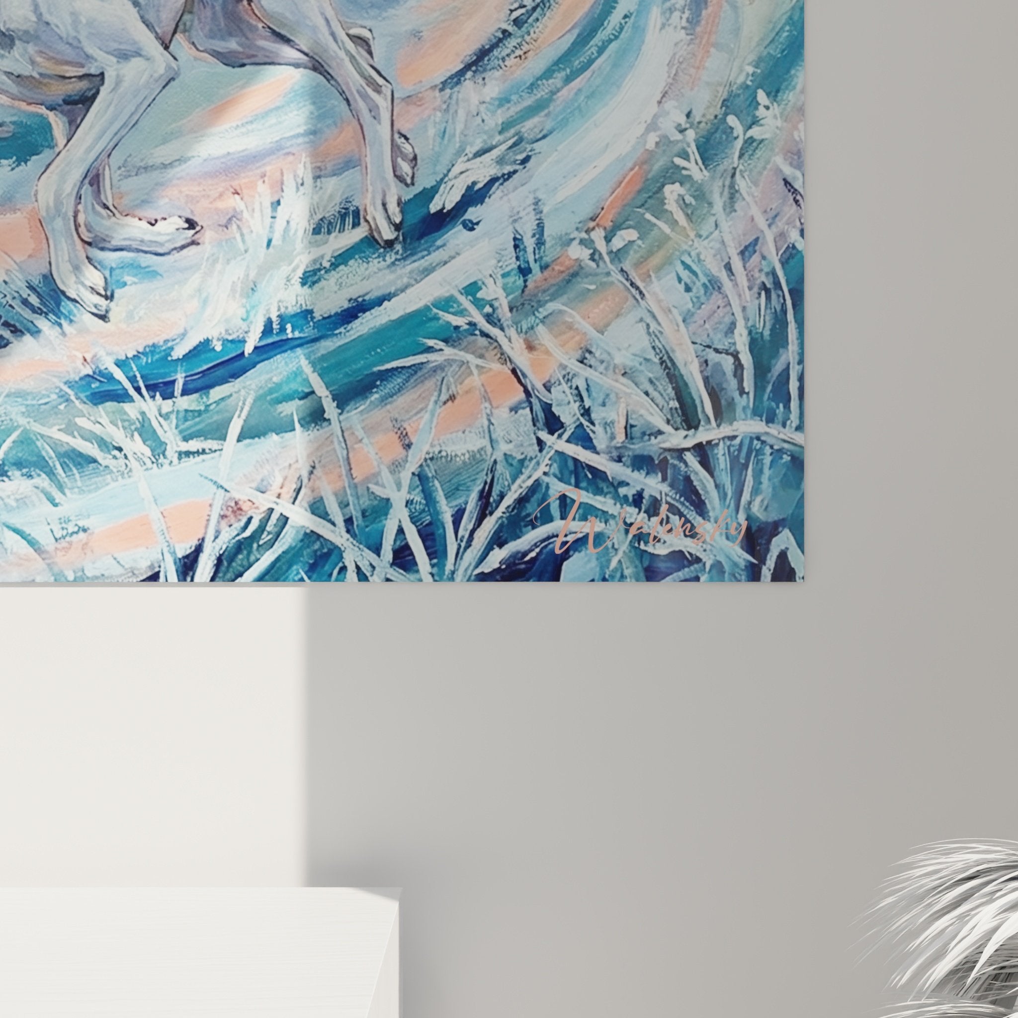 Vue d'ensemble toile décorative deux chiens de course élégants dans décor neigeux atmosphère féerique