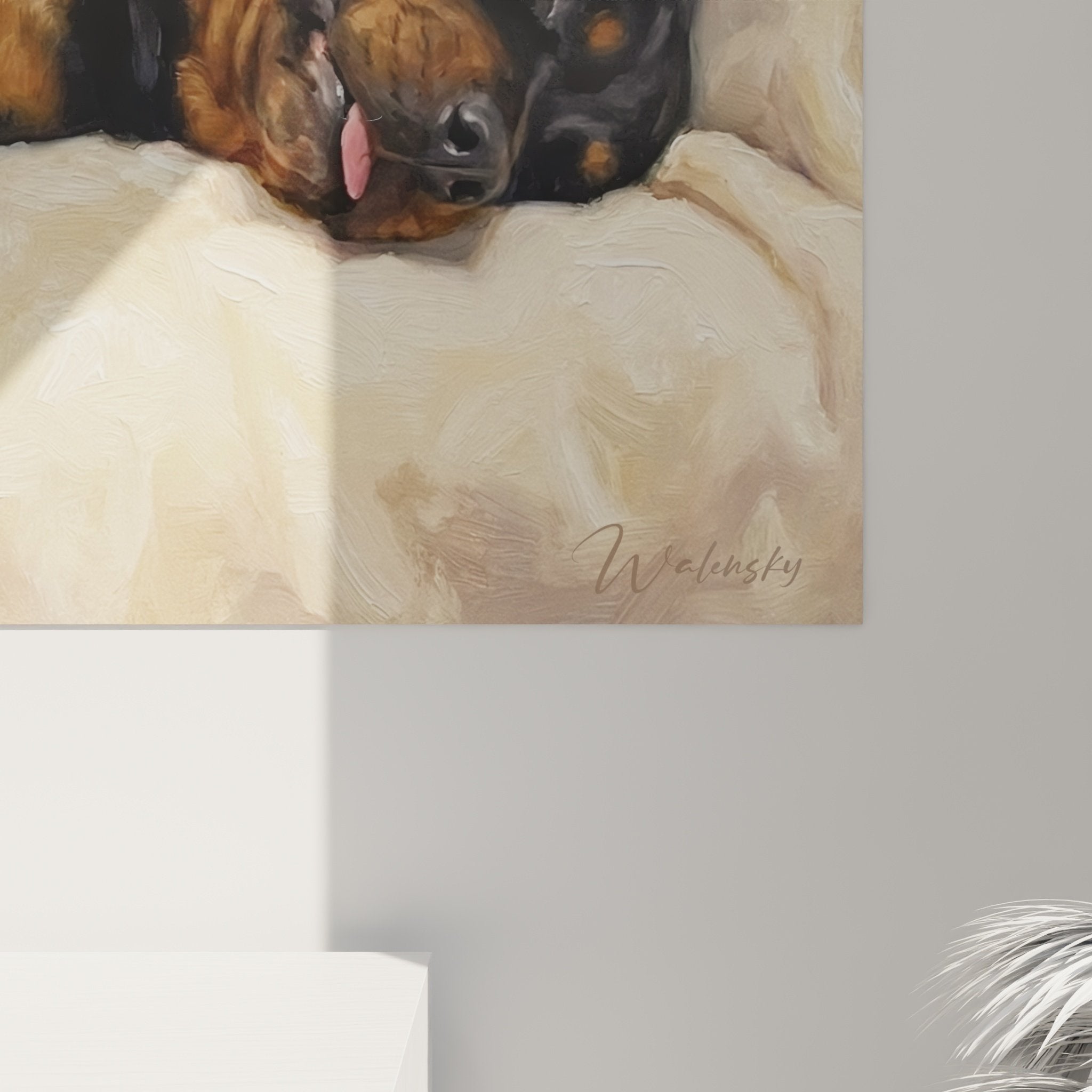 Vue ensemble toile rottweiler au repos sur fond blanc style artistique realiste pour decoration interieur