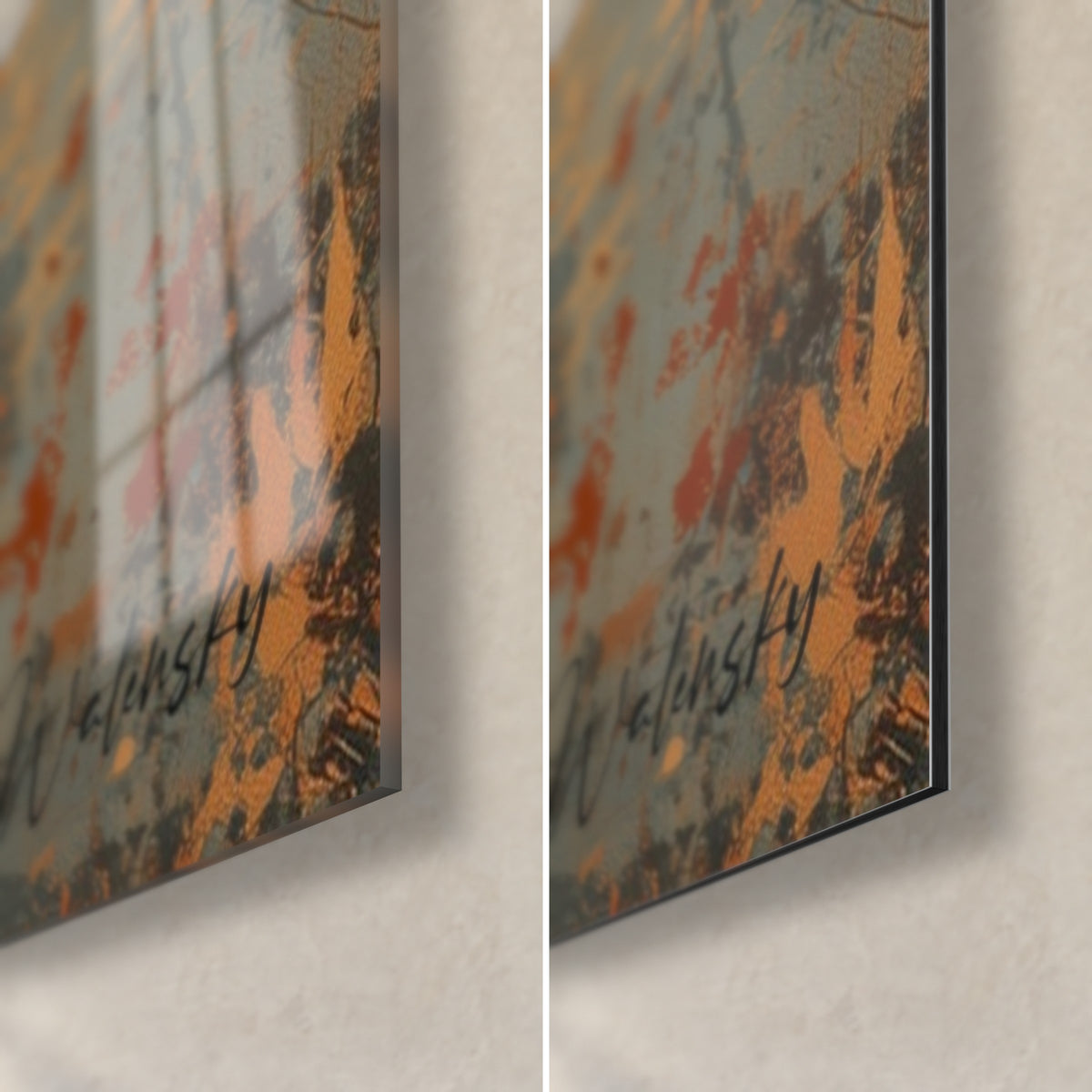 Schilderij met zwarte torii en okerkleurige zon, rechtsonder: glanzend acrylglas links, mat Dibond-aluminium rechts, 3 mm rand zichtbaar