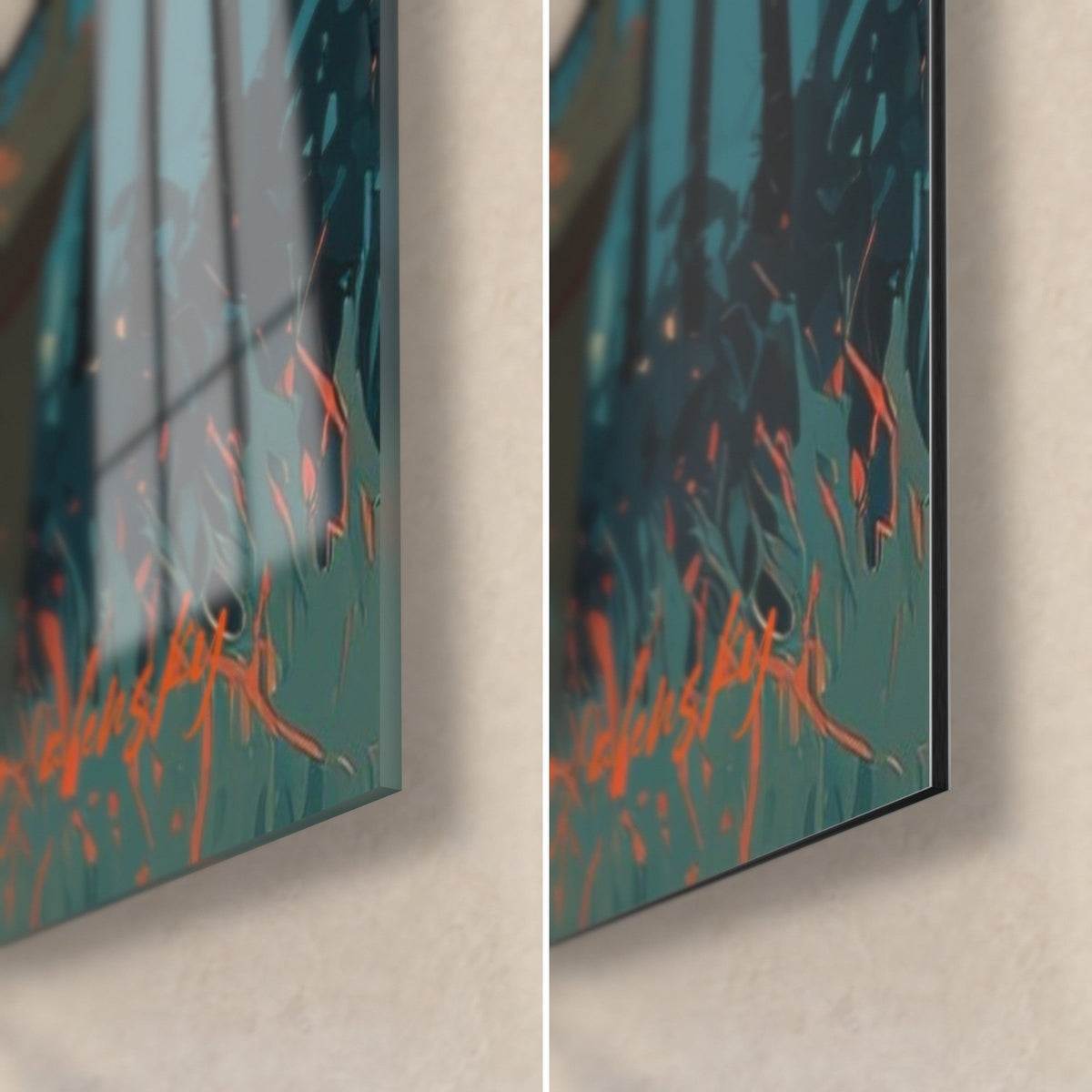 Wall art Japanese arch in vermilion and turquoise bamboo, bottom right corner: glossy acrylic glass on the left, matte Dibond aluminum on the right