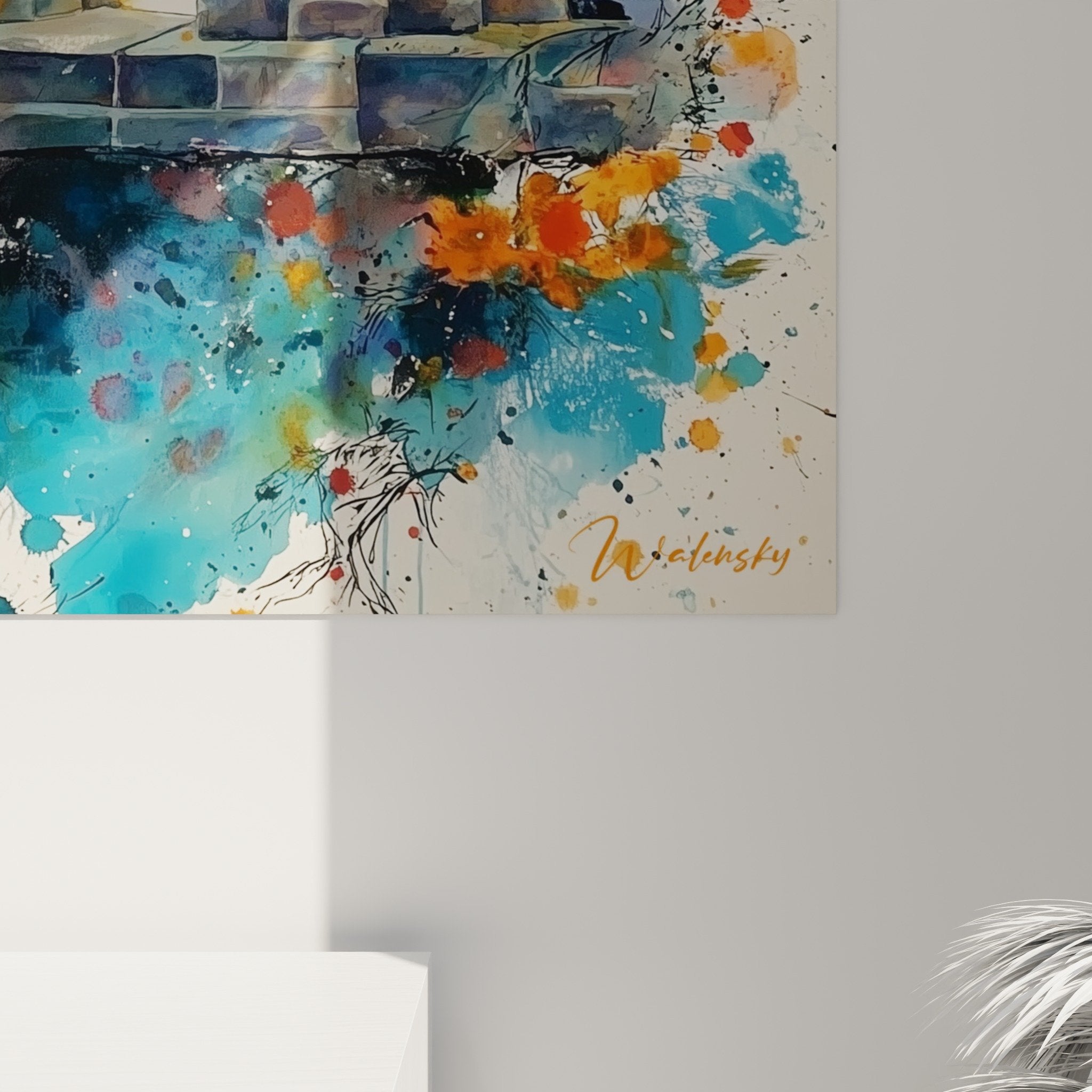 tableau torii japonais style moderne aquarelle bleue orange decoration