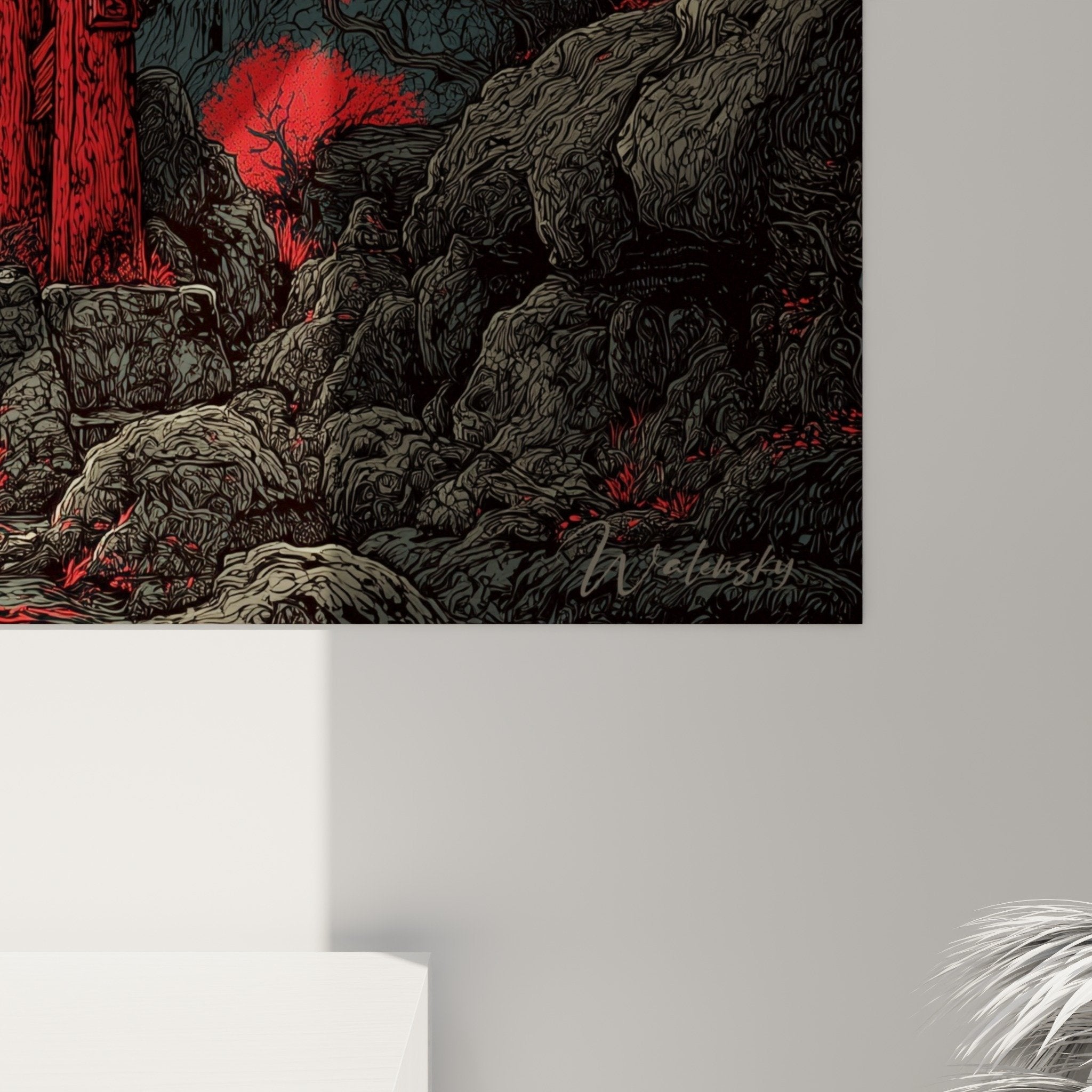 Full view red torii mystical lunar landscape Japanese wall decoration contemplative zen atmosphere
