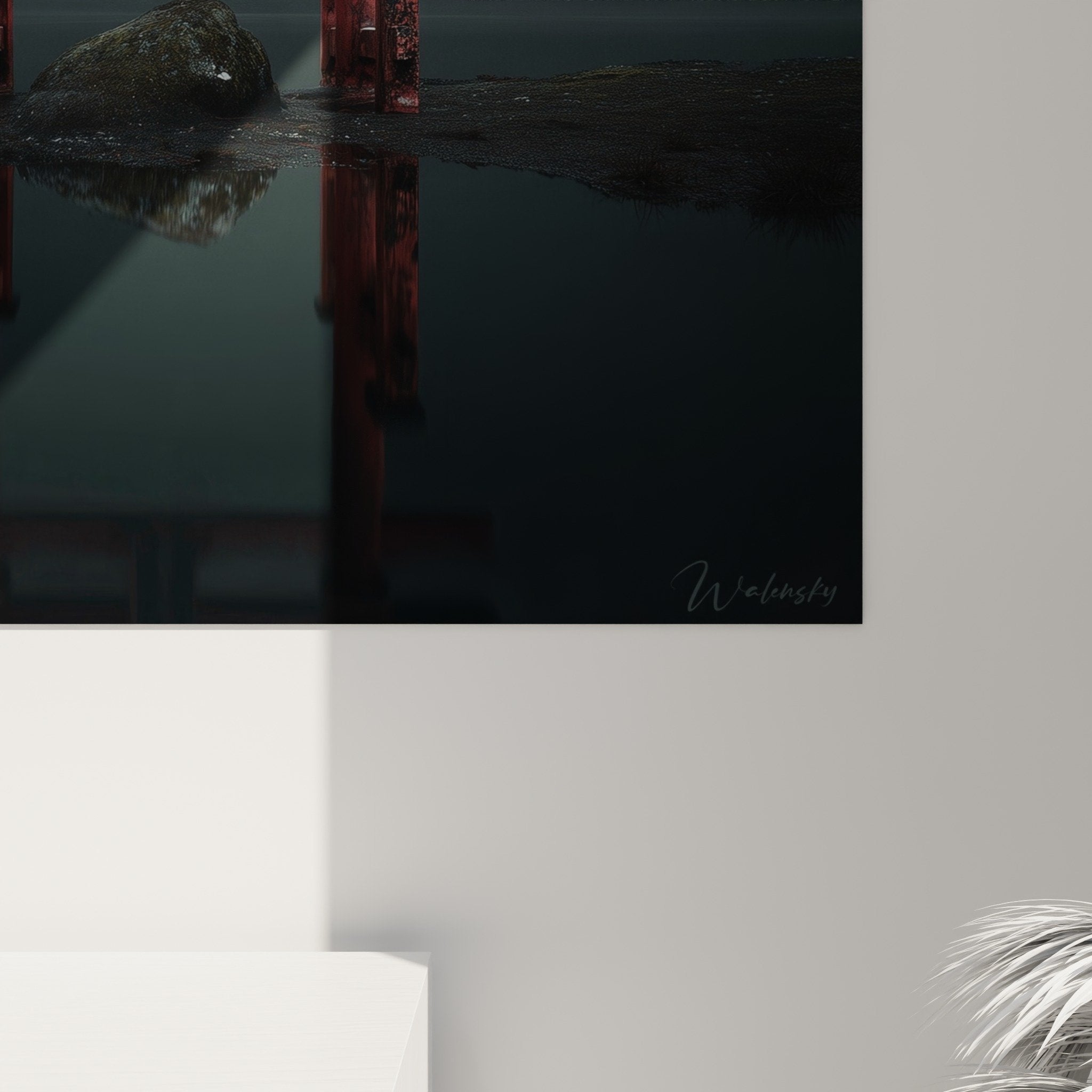 Full view red torii gate water reflections dark mist morning haze mystical Japanese landscape