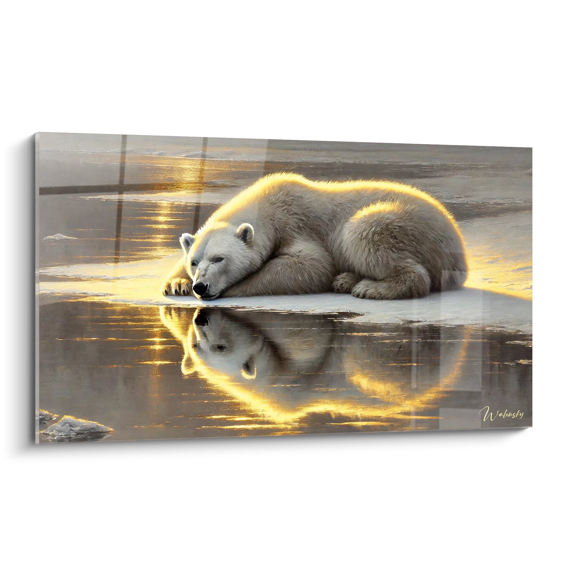 "Admirez ce tableau ours polaire vu de biais, une œuvre captivante où l'animal se repose dans une scène arctique sereine. Parfait pour ajouter une touche de nature à votre décoration intérieure."

