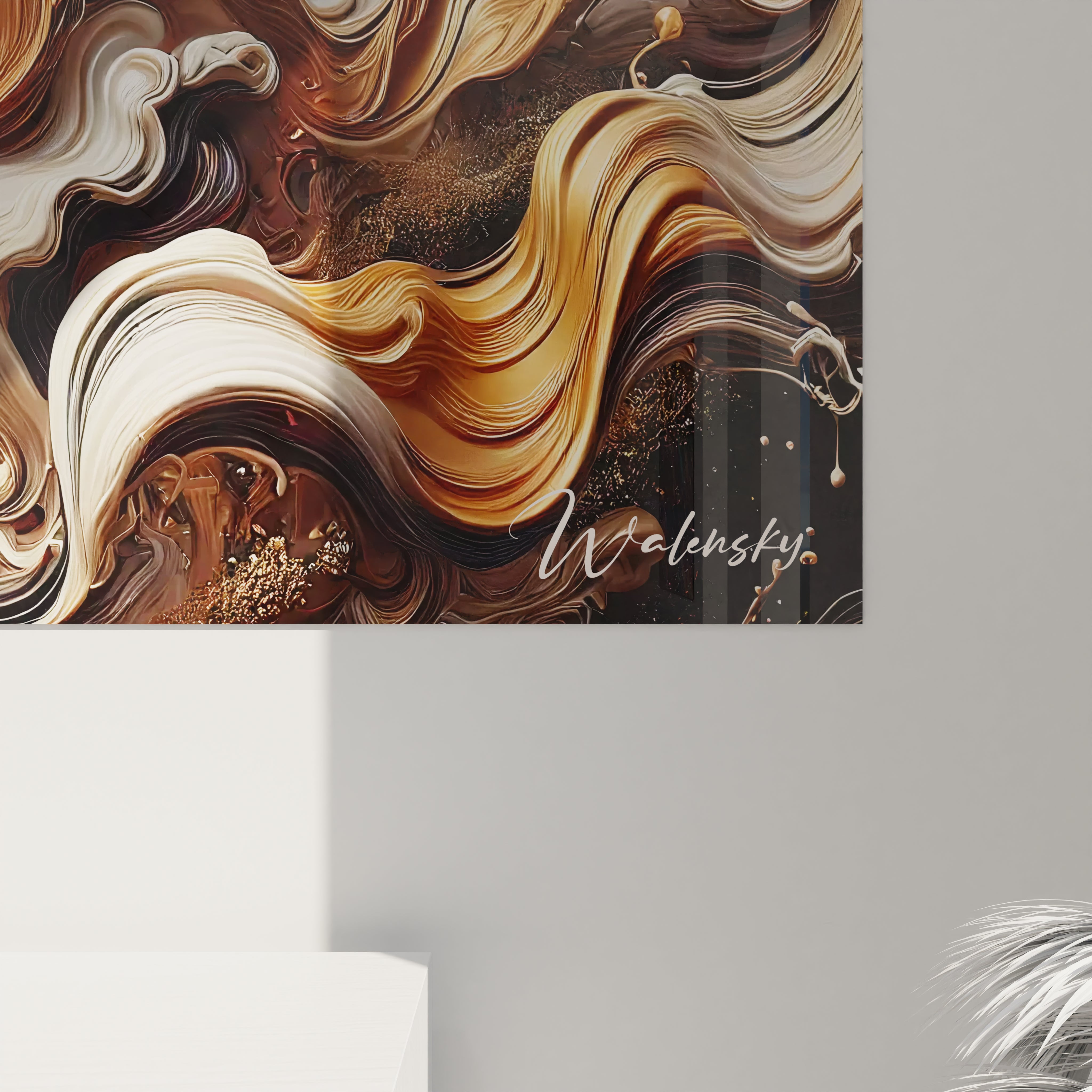 Vue rapprochée d'un angle en bas à droite d'un tableau Essence Sauvage en verre acrylique - Détails de qualité exceptionnelle - Art mural géant avec finition parfaite - Décoration murale inspirée par la nature - Matériaux de haute qualité et design naturel