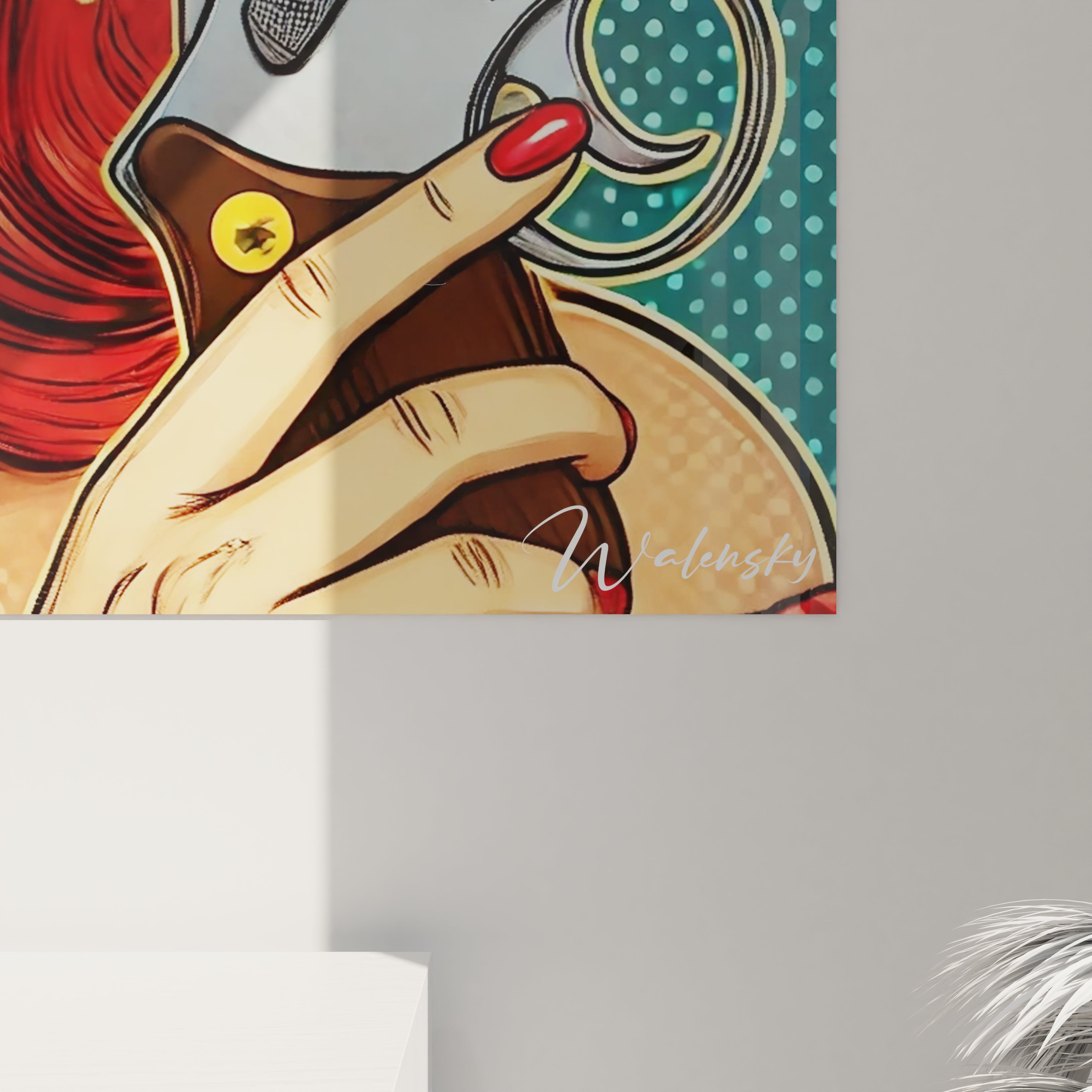 "Gros plan sur un angle du tableau en verre acrylique Pop Art / Rétro, mettant en valeur les détails artistiques et la finition brillante du verre. Art mural moderne et rétro pour décoration intérieure."