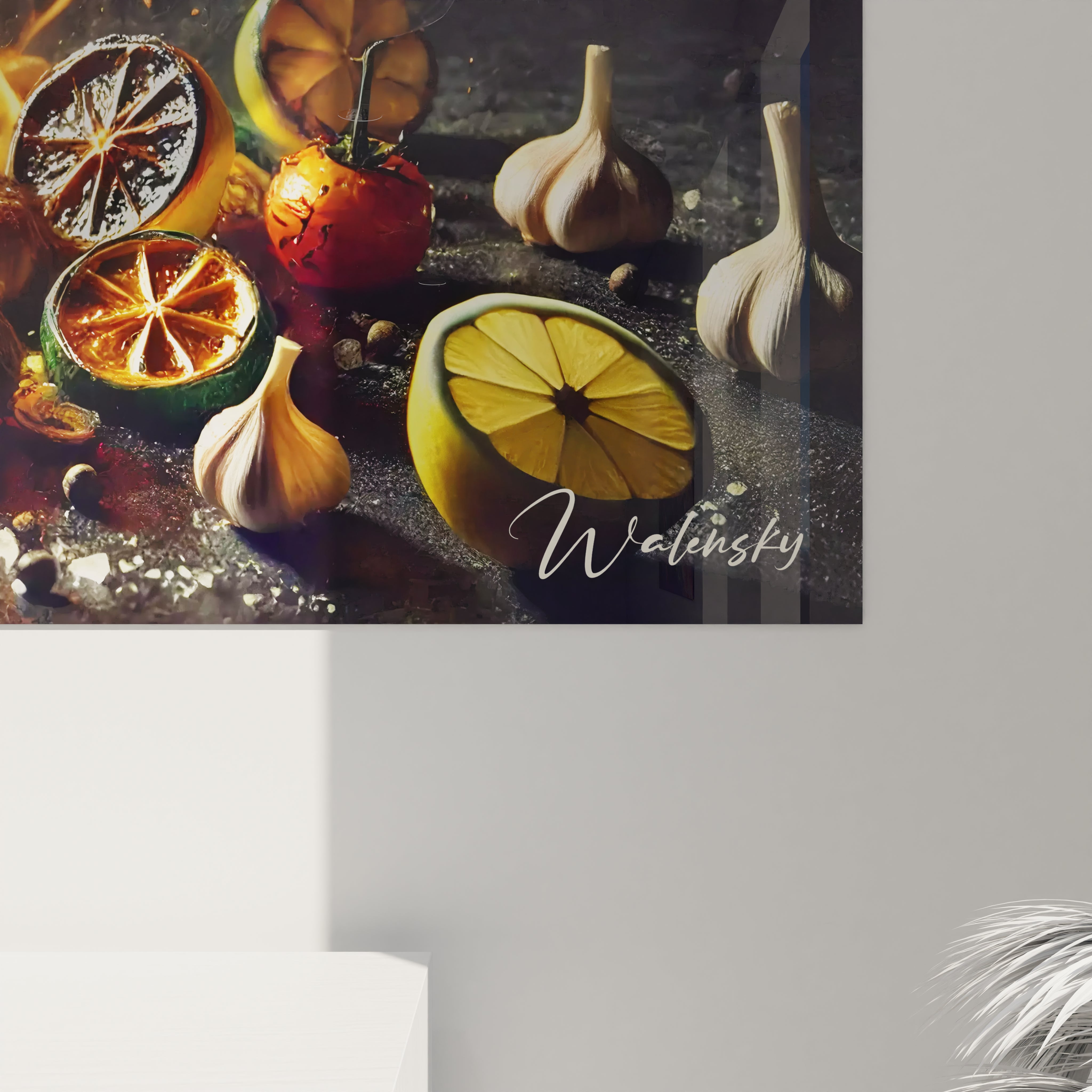 Vue rapprochée d'un angle en bas à droite d'un tableau cuisine en verre acrylique - Détails de qualité supérieure - Art mural géant avec finition impeccable - Décoration murale pour cuisine moderne - Matériaux de haute qualité et design sophistiqué