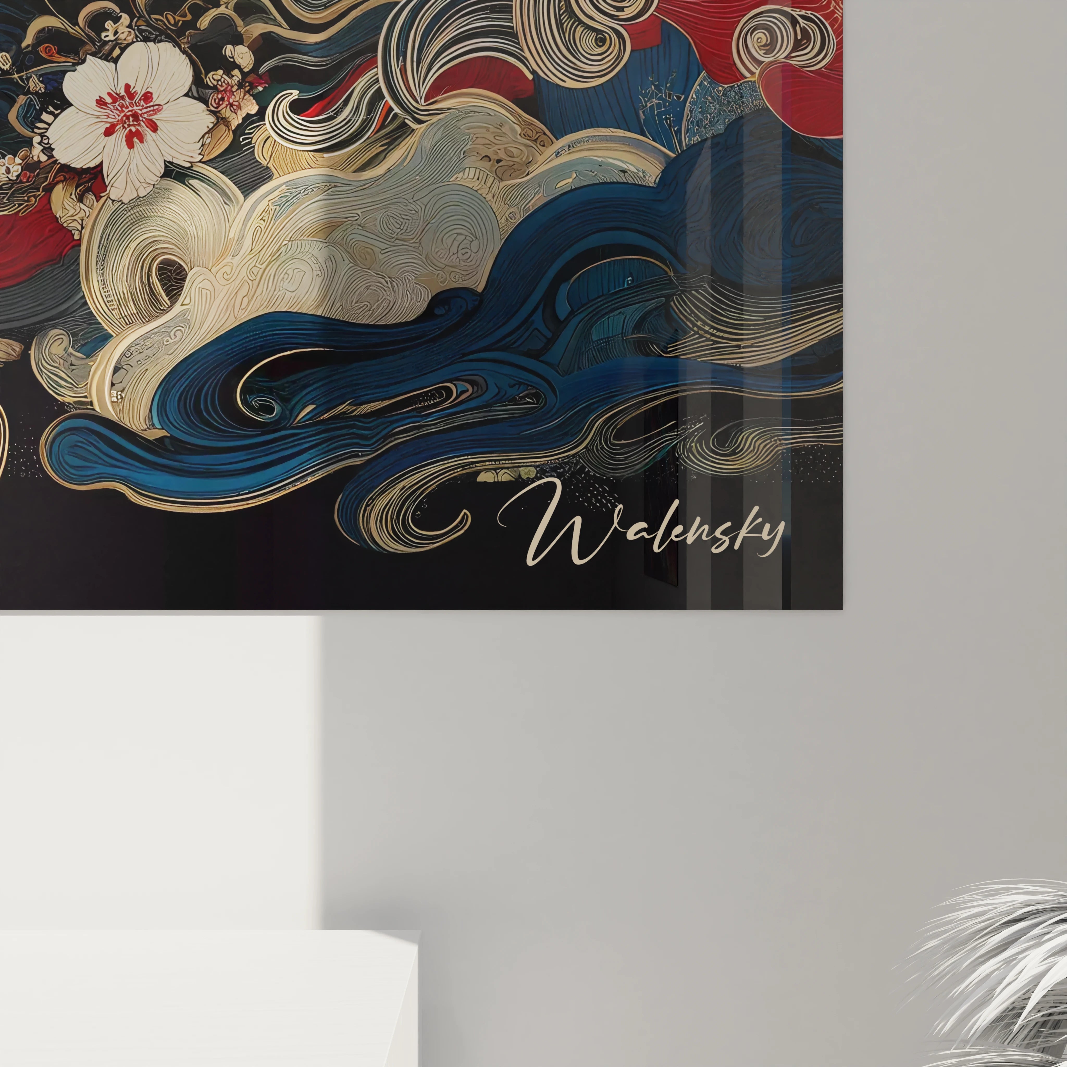 "Gros plan sur un angle du tableau en verre acrylique Japon / Asiatique, mettant en valeur les détails artistiques et la finition brillante du verre. Art mural japonais pour décoration intérieure zen."