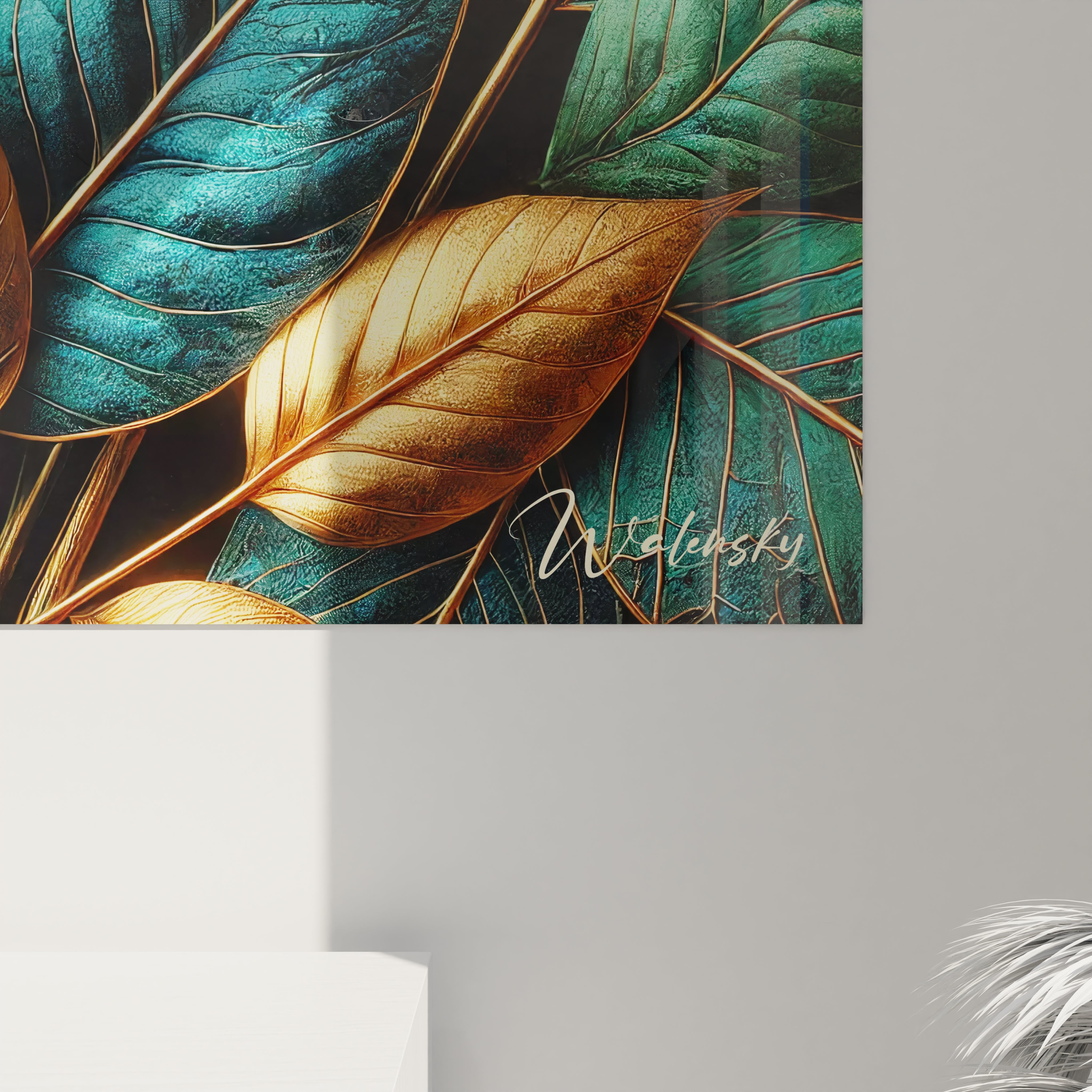 Vue rapprochée d'un angle en bas à droite d'un tableau Nature en verre acrylique - Détails de qualité exceptionnelle - Art mural géant avec finition parfaite - Décoration murale naturelle - Matériaux de haute qualité et design écologique