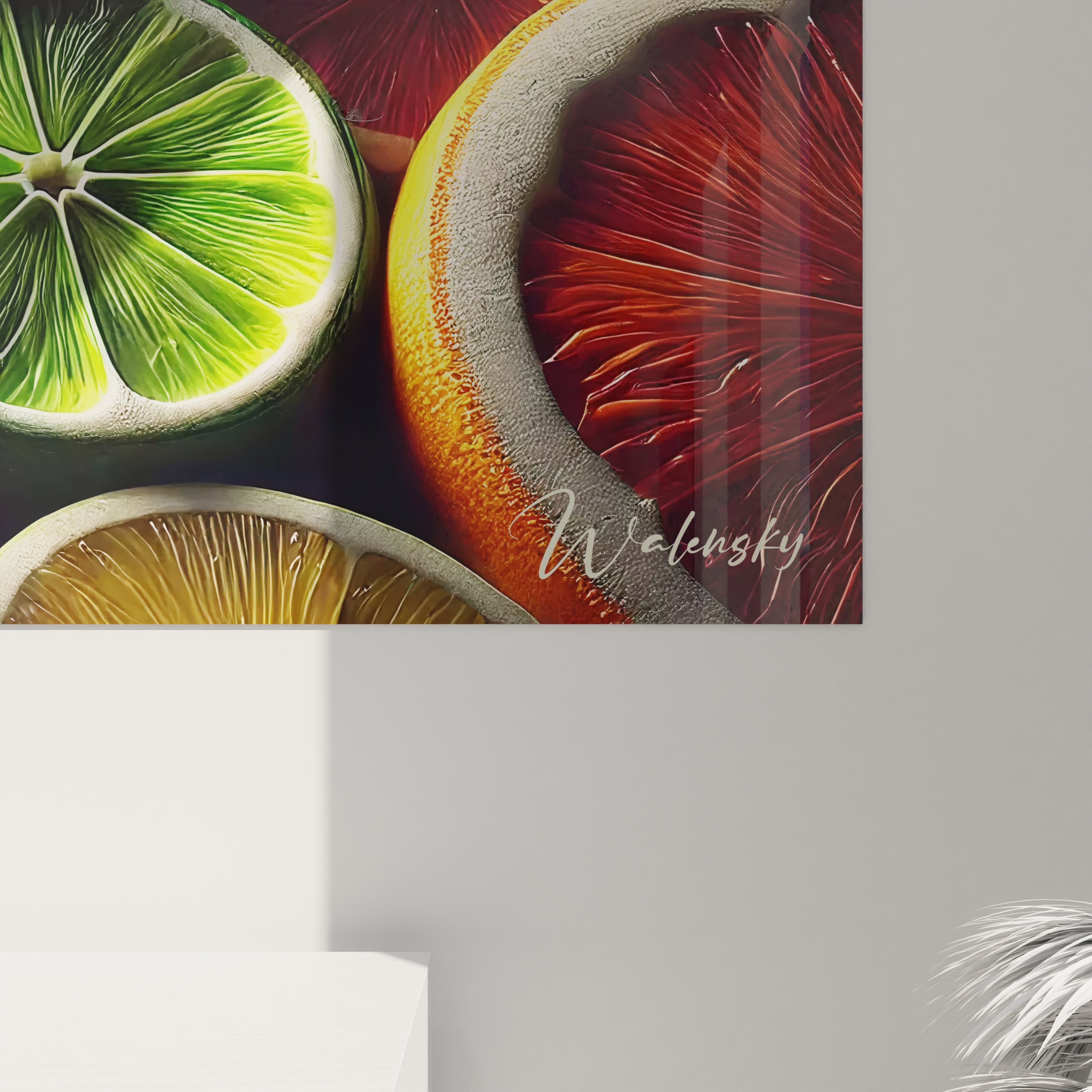 Vue rapprochée d'un angle en bas à droite d'un tableau cuisine en verre acrylique - Détails de qualité supérieure - Art mural géant avec finition impeccable - Décoration murale pour cuisine moderne - Matériaux de haute qualité et design sophistiqué