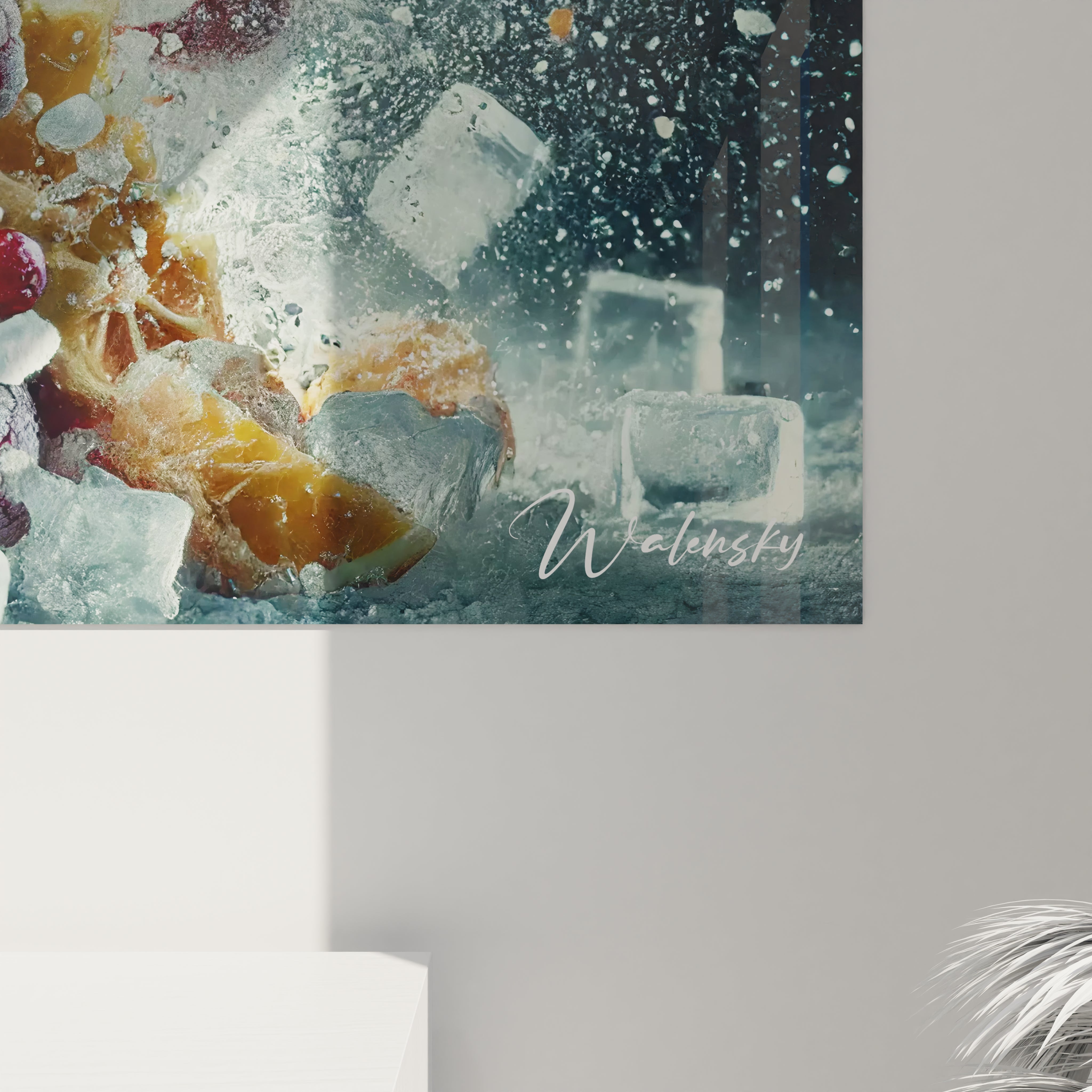 Vue rapprochée d'un angle en bas à droite d'un tableau cuisine en verre acrylique - Détails de qualité supérieure - Art mural géant avec finition impeccable - Décoration murale pour cuisine moderne - Matériaux de haute qualité et design sophistiqué