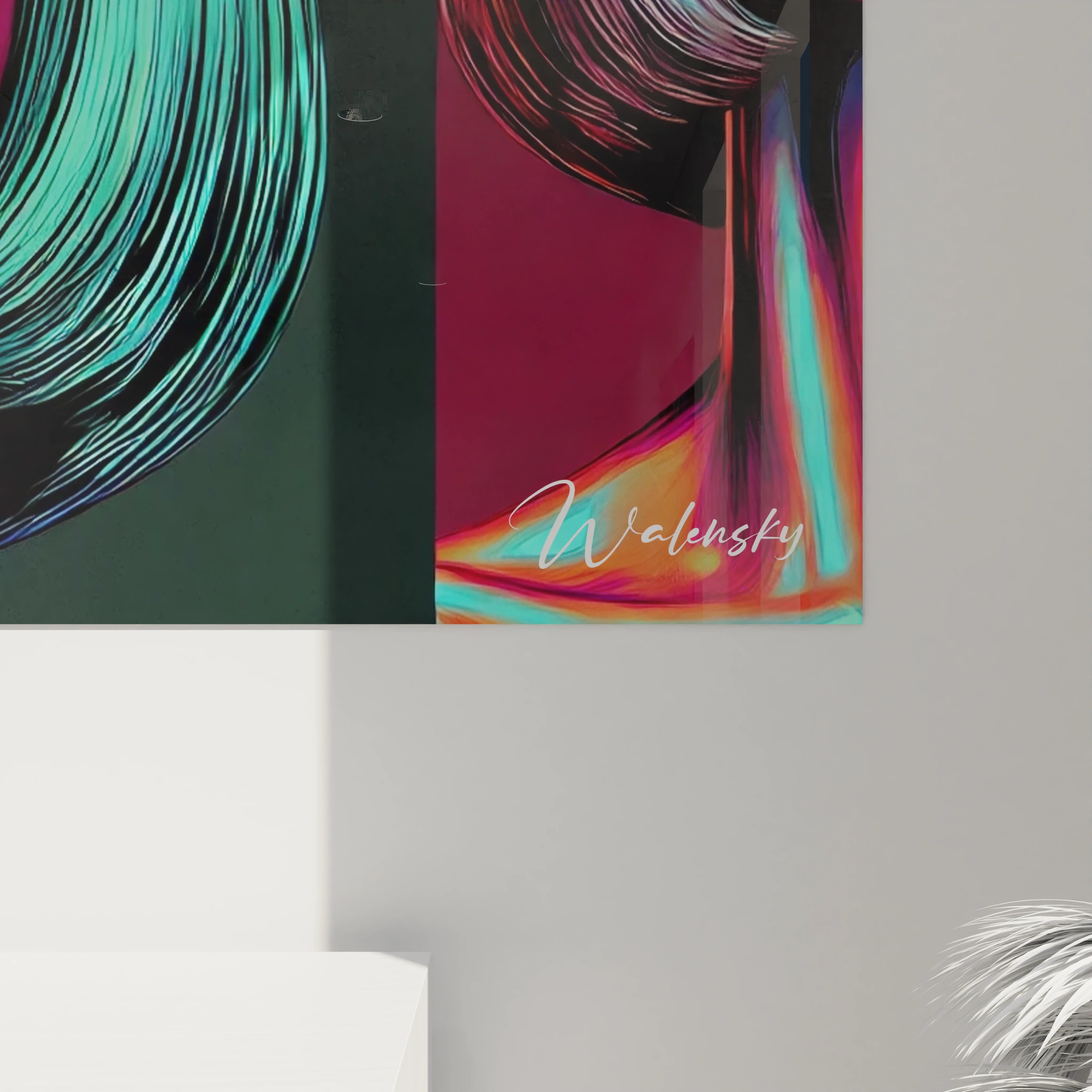 "Gros plan sur un angle du tableau en verre acrylique Pop Art / Rétro, mettant en valeur les détails artistiques et la finition brillante du verre. Art mural moderne et rétro pour décoration intérieure."