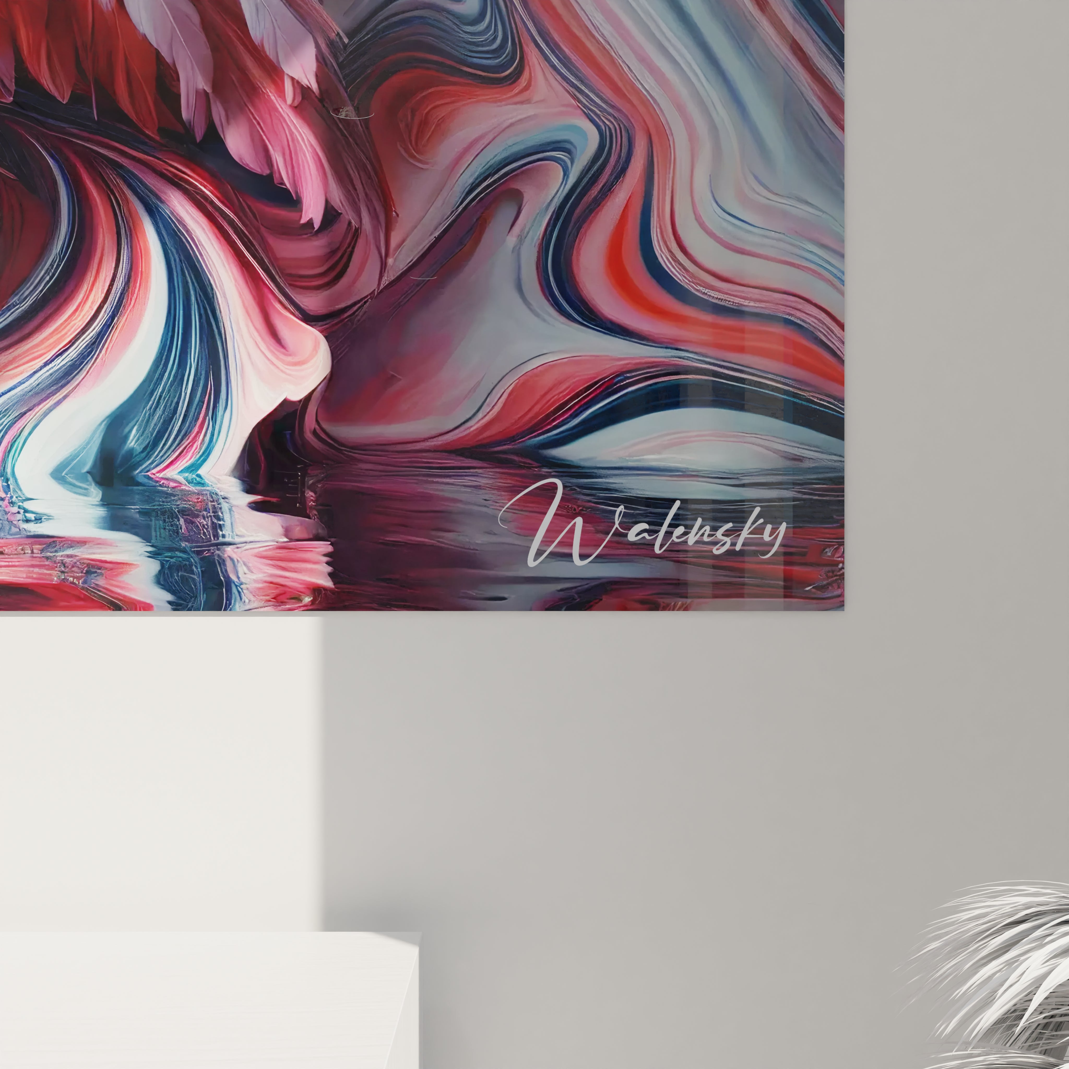 Vue rapprochée d'un angle en bas à droite d'un tableau Essence Sauvage en verre acrylique - Détails de qualité exceptionnelle - Art mural géant avec finition parfaite - Décoration murale inspirée par la nature - Matériaux de haute qualité et design naturel