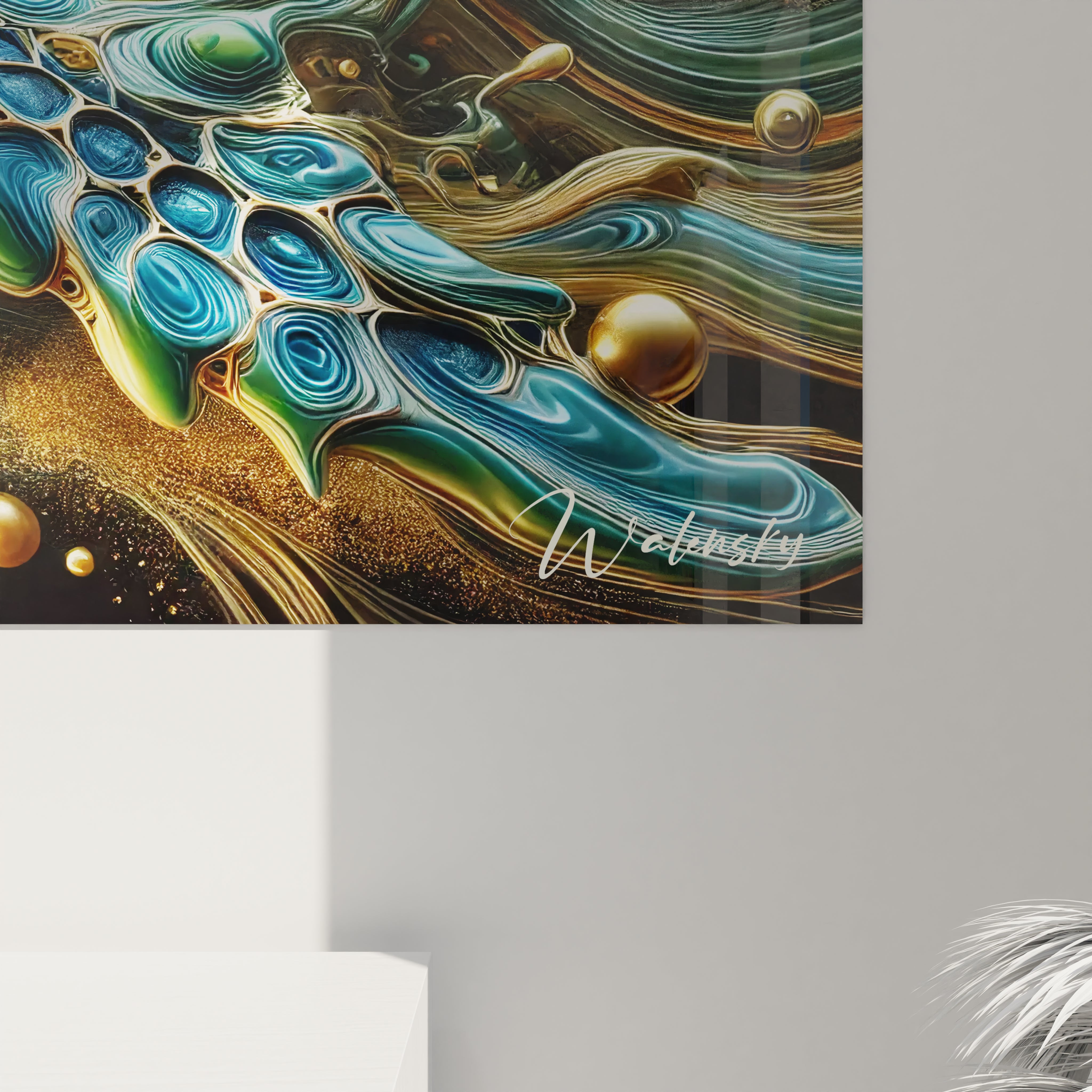 Vue rapprochée d'un angle en bas à droite d'un tableau Essence Sauvage en verre acrylique - Détails de qualité exceptionnelle - Art mural géant avec finition parfaite - Décoration murale inspirée par la nature - Matériaux de haute qualité et design naturel