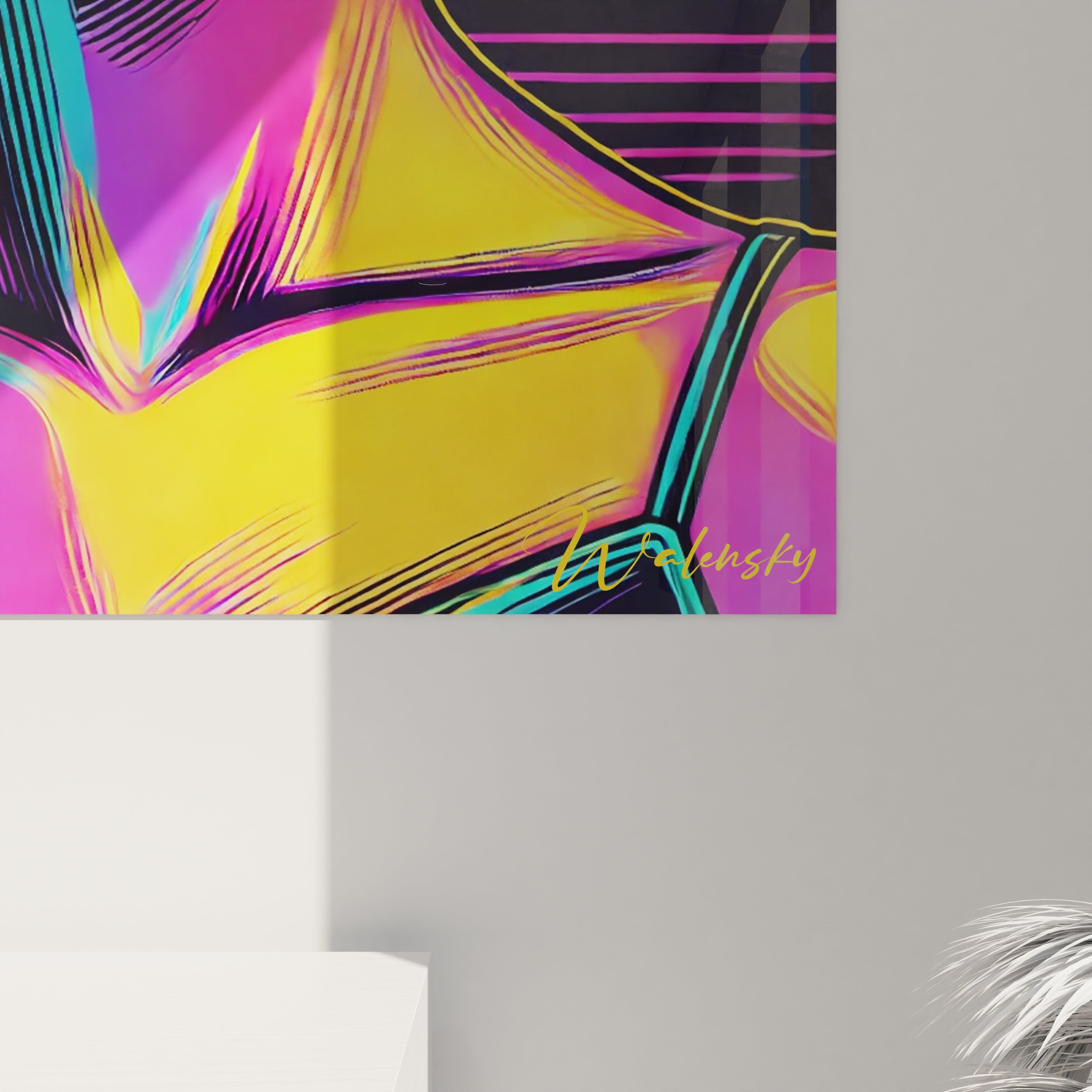 "Gros plan sur un angle du tableau en verre acrylique Pop Art / Rétro, mettant en valeur les détails artistiques et la finition brillante du verre. Art mural moderne et rétro pour décoration intérieure."