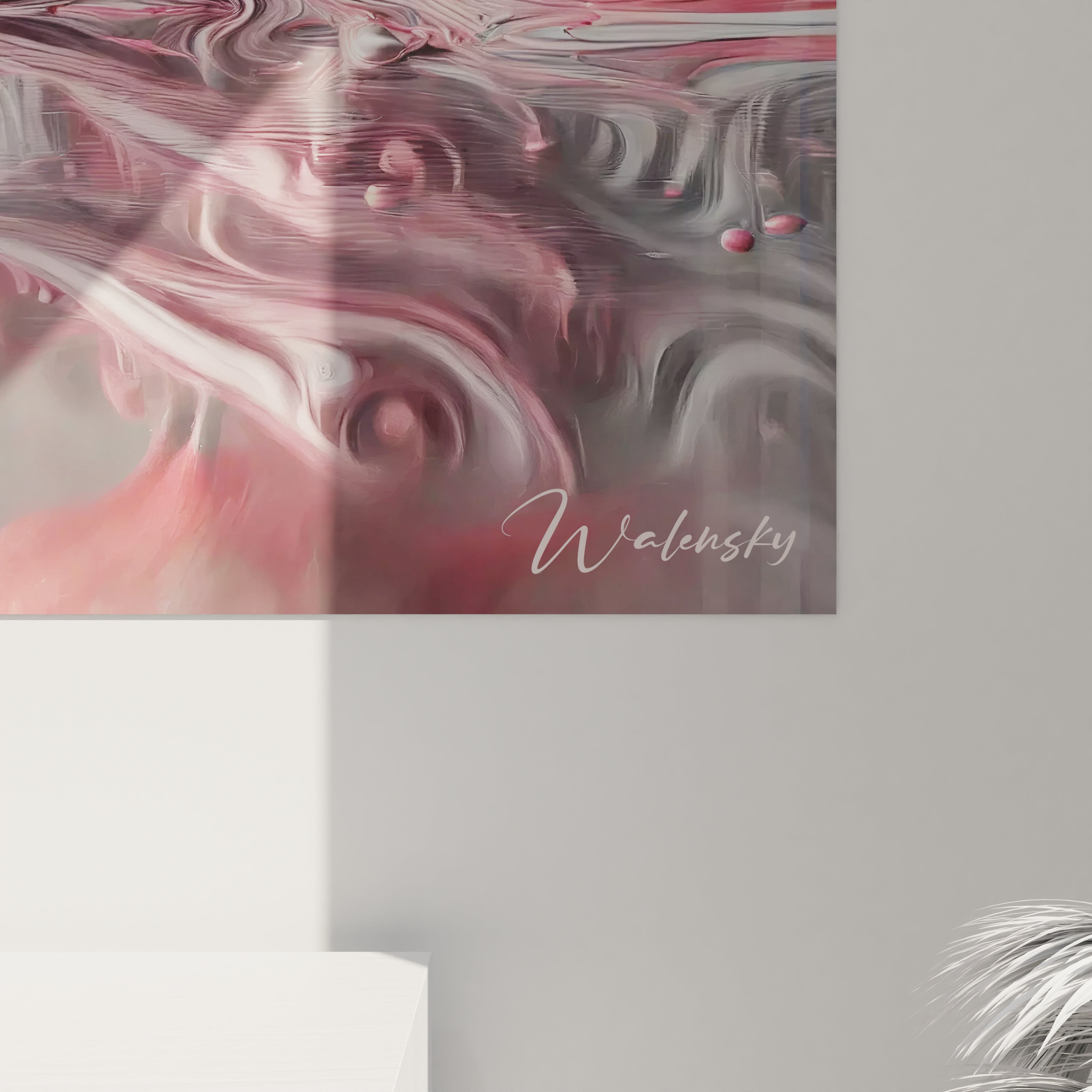 Vue rapprochée d'un angle en bas à droite d'un tableau Essence Sauvage en verre acrylique - Détails de qualité exceptionnelle - Art mural géant avec finition parfaite - Décoration murale inspirée par la nature - Matériaux de haute qualité et design naturel