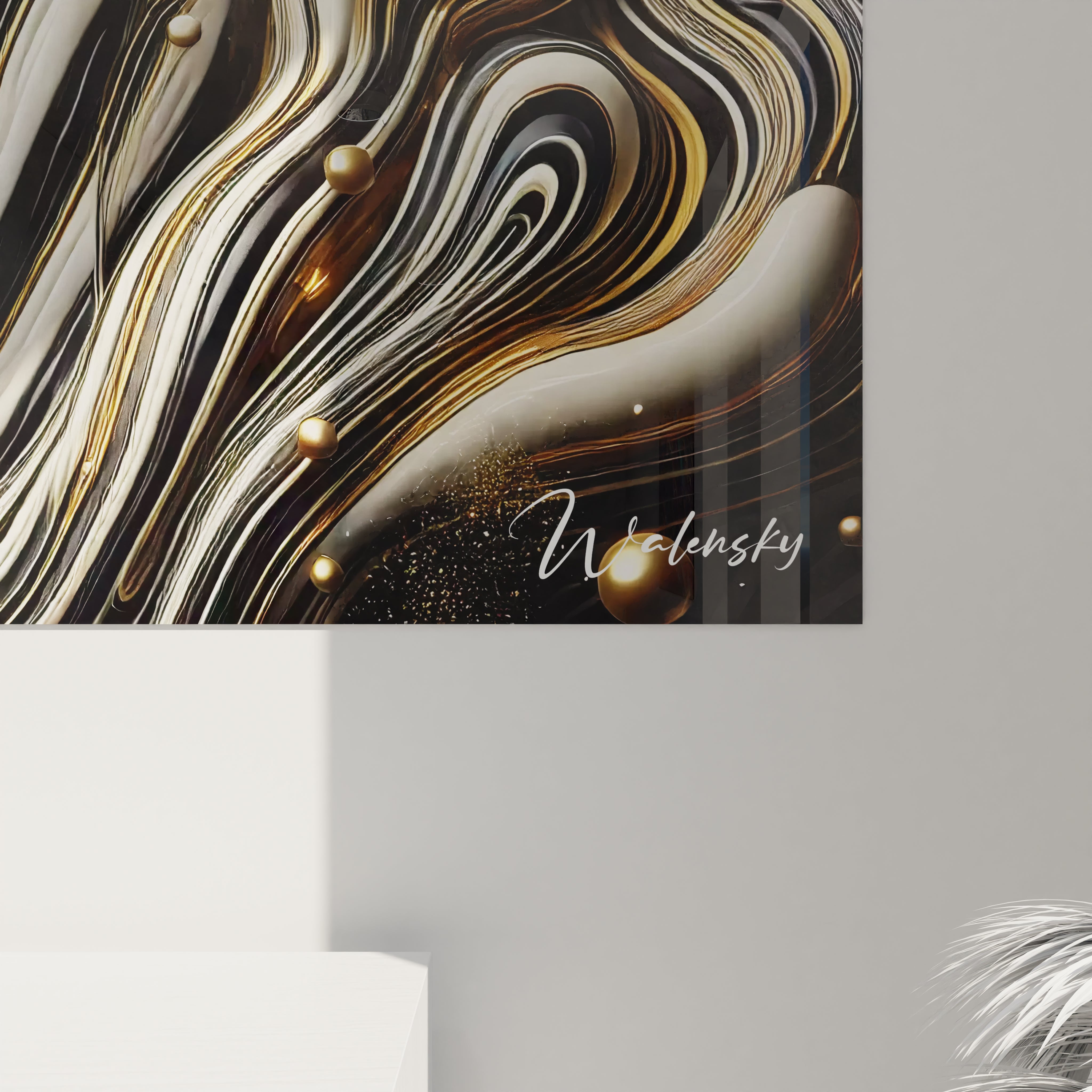 Vue rapprochée d'un angle en bas à droite d'un tableau Essence Sauvage en verre acrylique - Détails de qualité exceptionnelle - Art mural géant avec finition parfaite - Décoration murale inspirée par la nature - Matériaux de haute qualité et design naturel