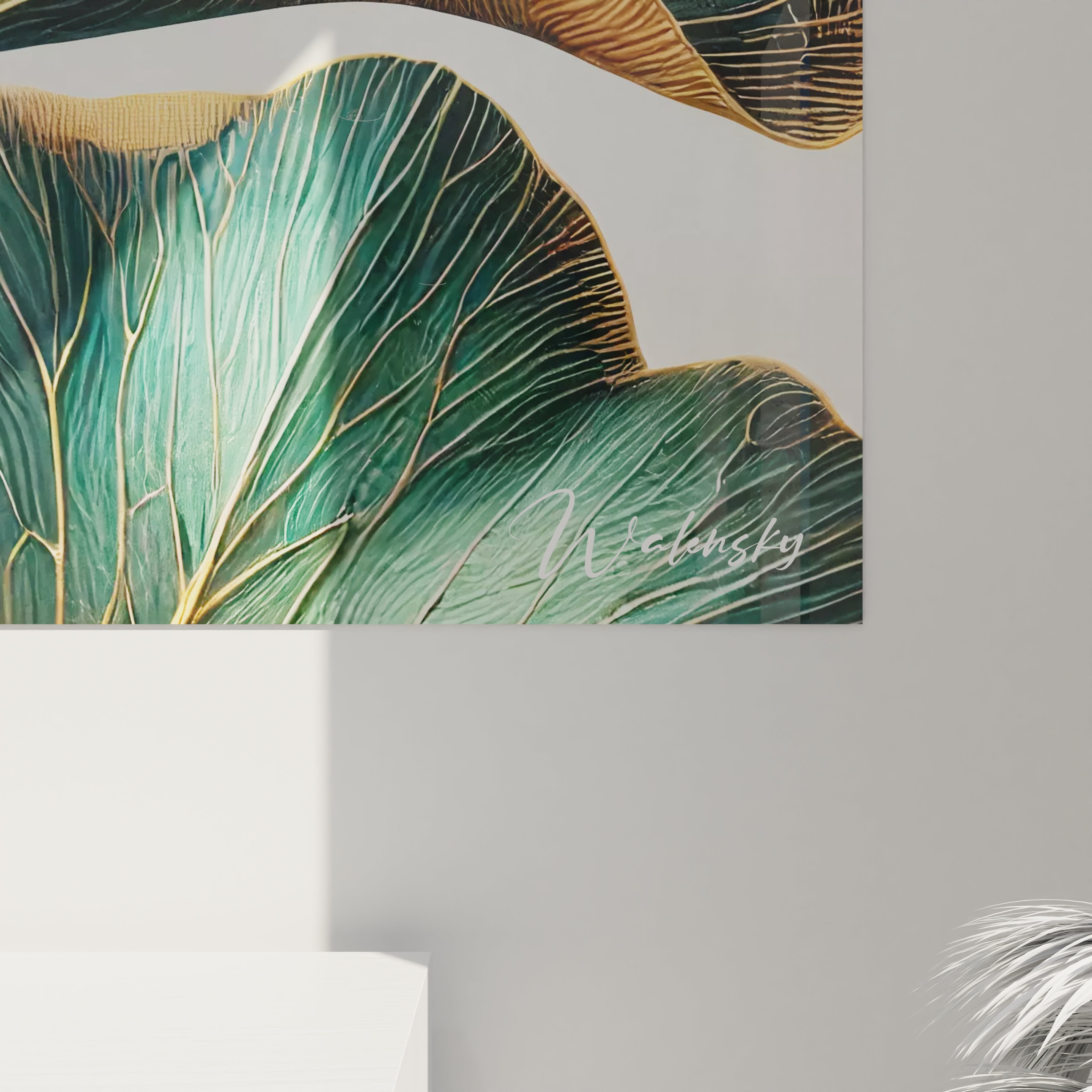 Vue rapprochée d'un angle en bas à droite d'un tableau Nature en verre acrylique - Détails de qualité exceptionnelle - Art mural géant avec finition parfaite - Décoration murale naturelle - Matériaux de haute qualité et design écologique