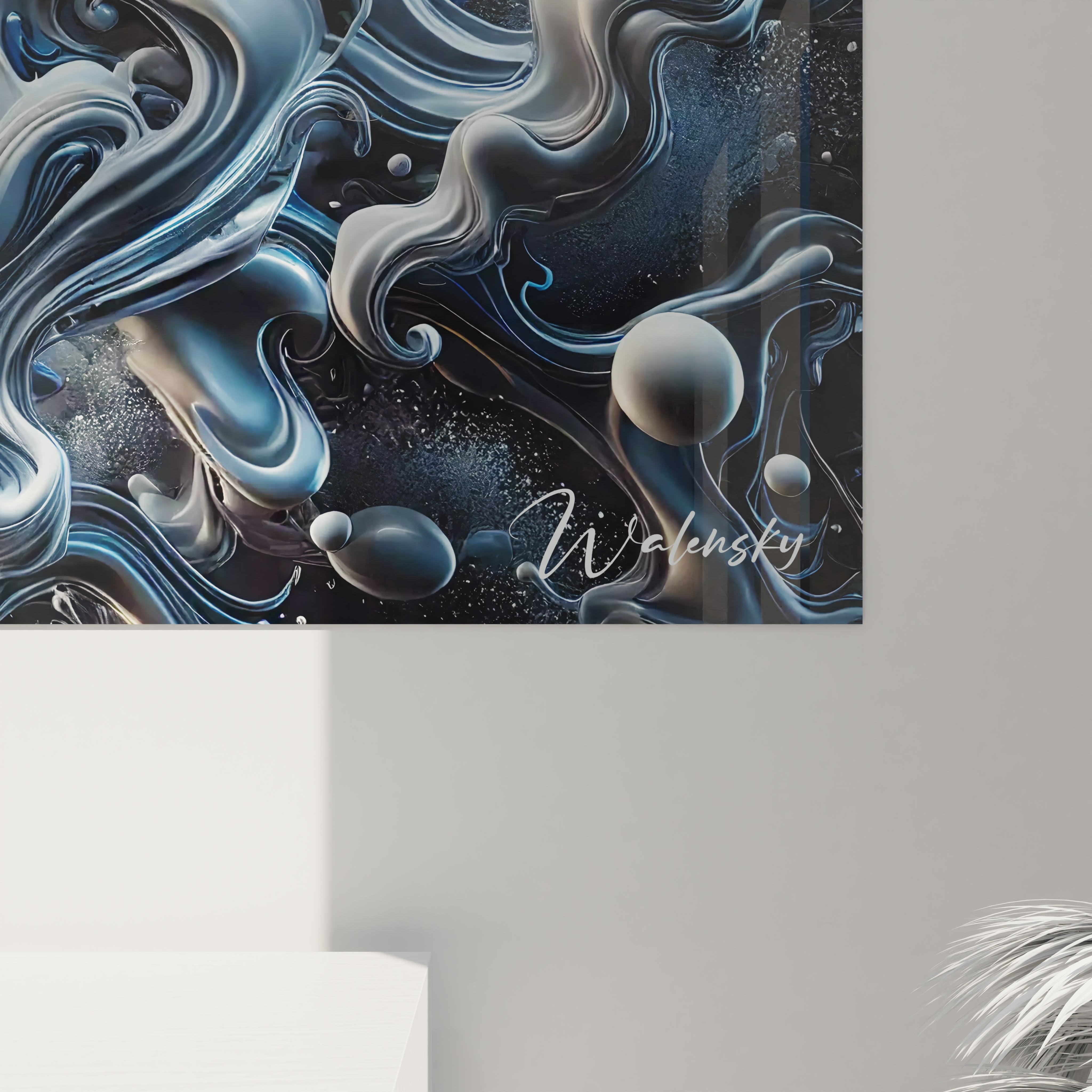 Vue rapprochée d'un angle en bas à droite d'un tableau Essence Sauvage en verre acrylique - Détails de qualité exceptionnelle - Art mural géant avec finition parfaite - Décoration murale inspirée par la nature - Matériaux de haute qualité et design naturel