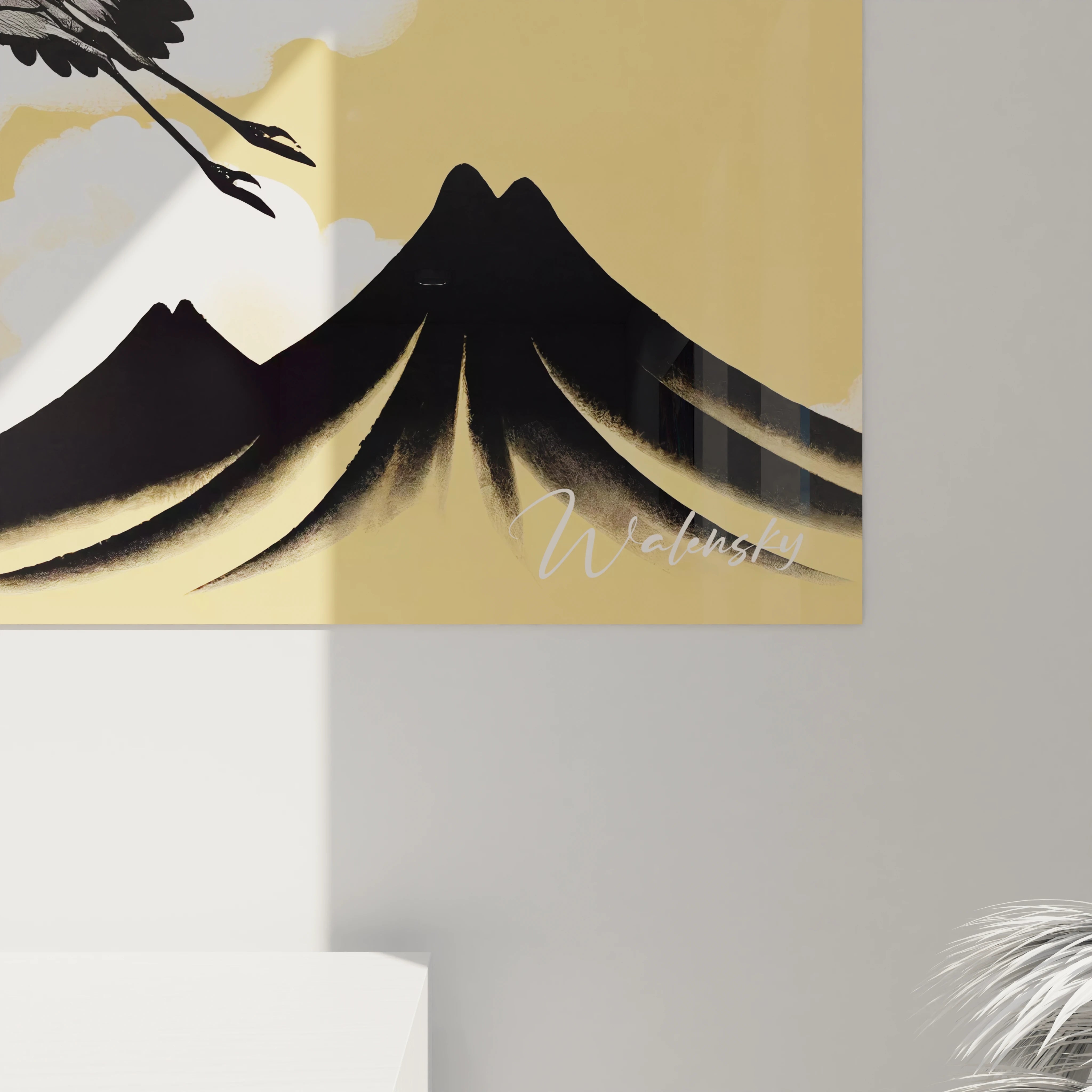 "Gros plan sur un angle du tableau en verre acrylique Japon / Asiatique, mettant en valeur les détails artistiques et la finition brillante du verre. Art mural japonais pour décoration intérieure zen."