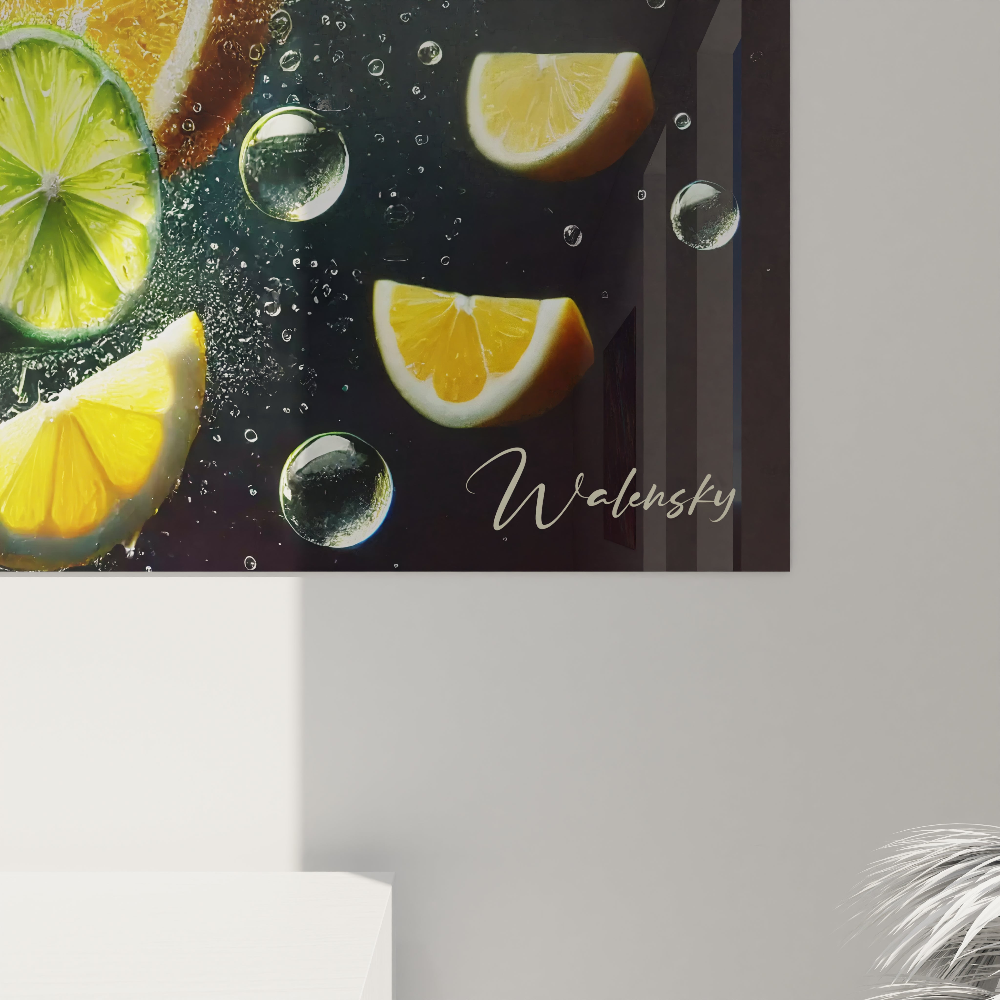 Vue rapprochée d'un angle en bas à droite d'un tableau cuisine en verre acrylique - Détails de qualité supérieure - Art mural géant avec finition impeccable - Décoration murale pour cuisine moderne - Matériaux de haute qualité et design sophistiqué