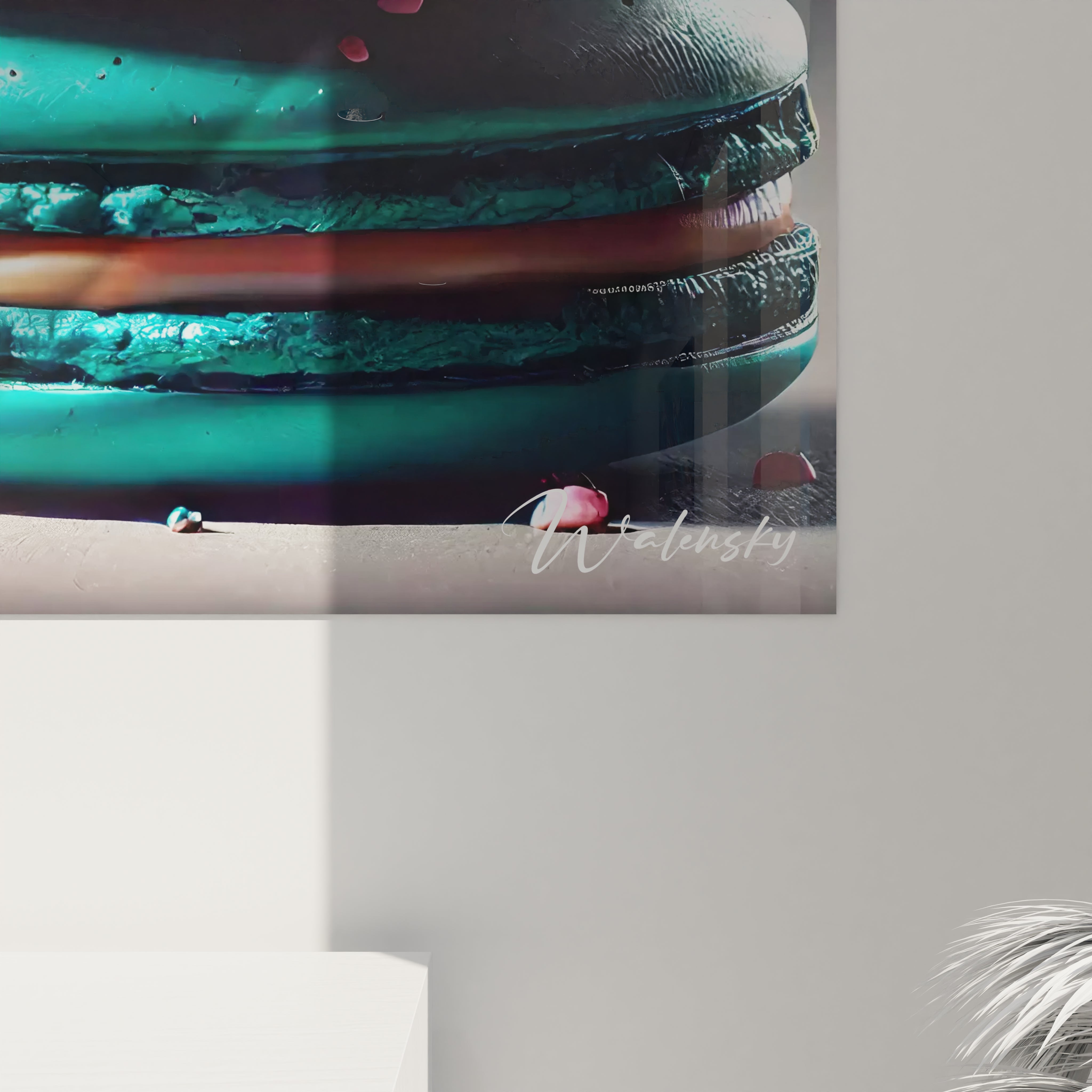 Vue rapprochée d'un angle en bas à droite d'un tableau cuisine en verre acrylique - Détails de qualité supérieure - Art mural géant avec finition impeccable - Décoration murale pour cuisine moderne - Matériaux de haute qualité et design sophistiqué