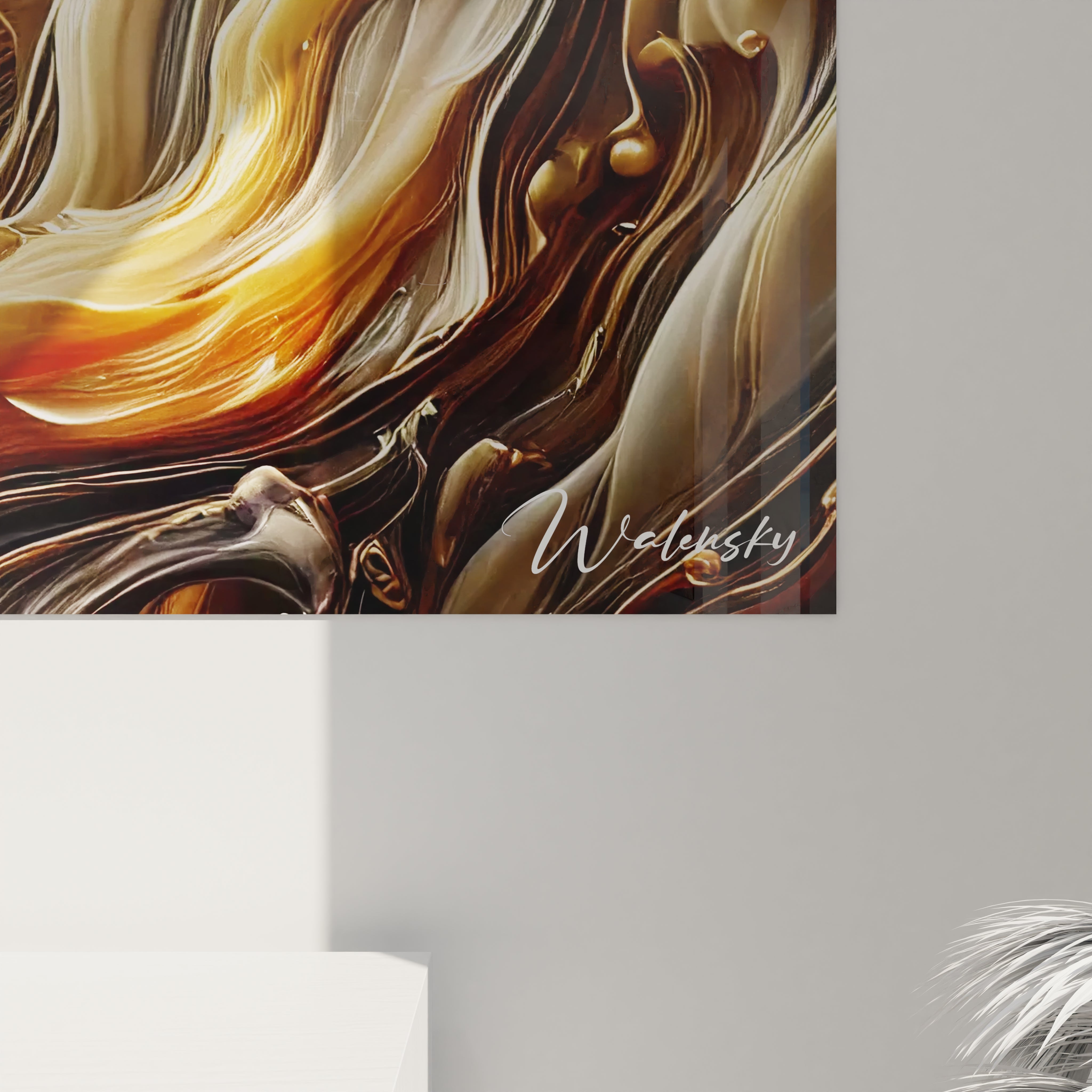 Vue rapprochée d'un angle en bas à droite d'un tableau Essence Sauvage en verre acrylique - Détails de qualité exceptionnelle - Art mural géant avec finition parfaite - Décoration murale inspirée par la nature - Matériaux de haute qualité et design naturel