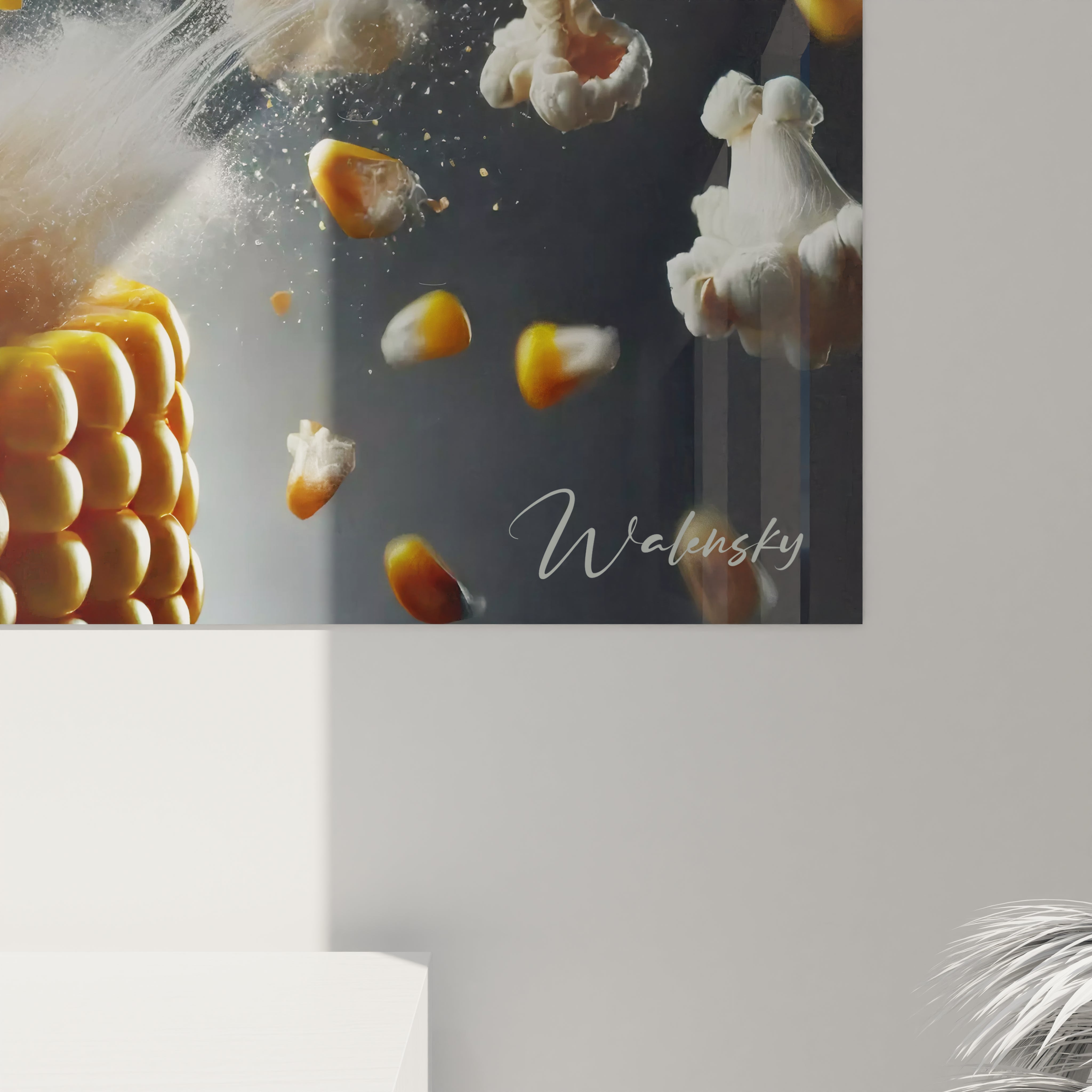 Vue rapprochée d'un angle en bas à droite d'un tableau cuisine en verre acrylique - Détails de qualité supérieure - Art mural géant avec finition impeccable - Décoration murale pour cuisine moderne - Matériaux de haute qualité et design sophistiqué