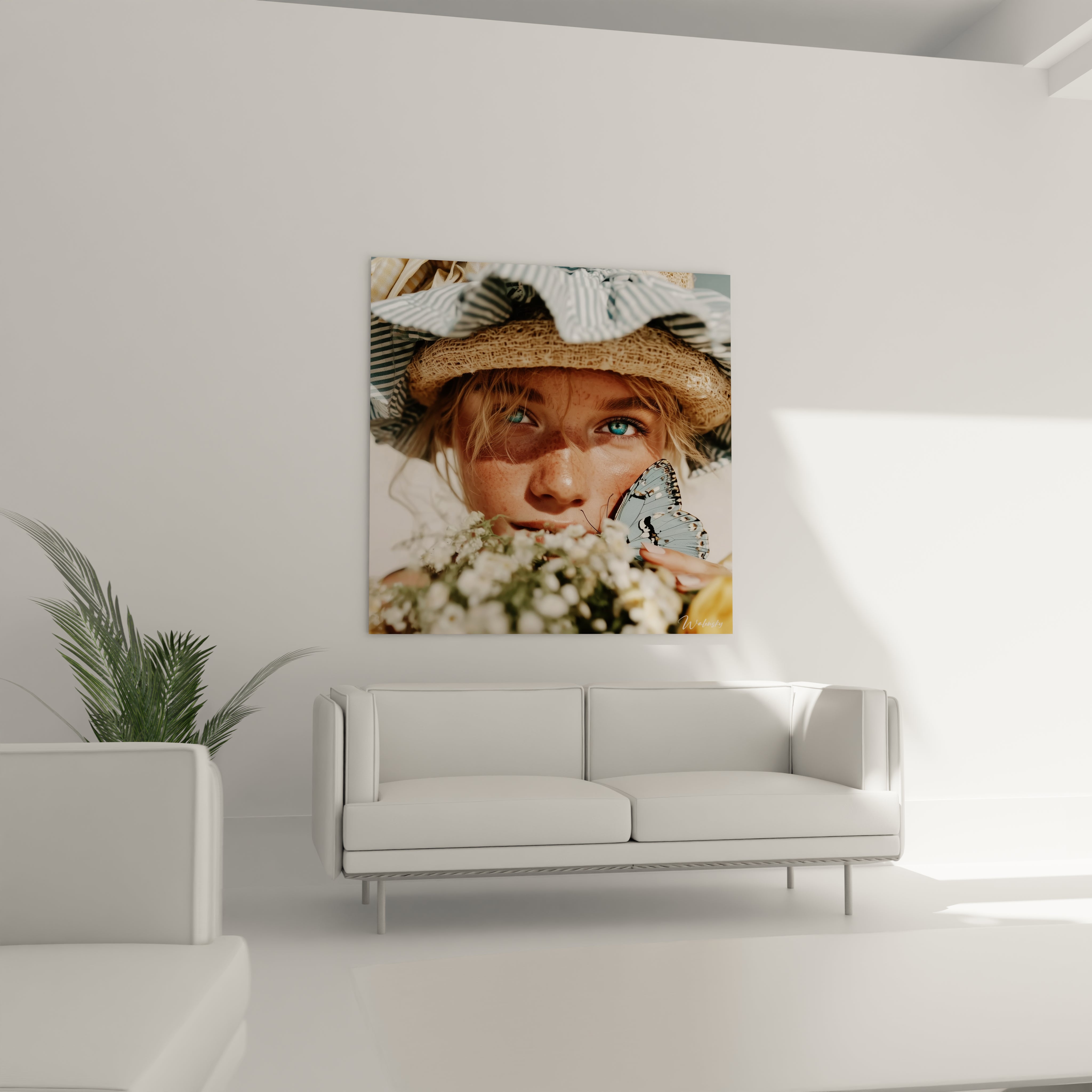 Walensky tableau femme papillon mural montrant le visage d une femme aux yeux bleus chapeau et fleurs